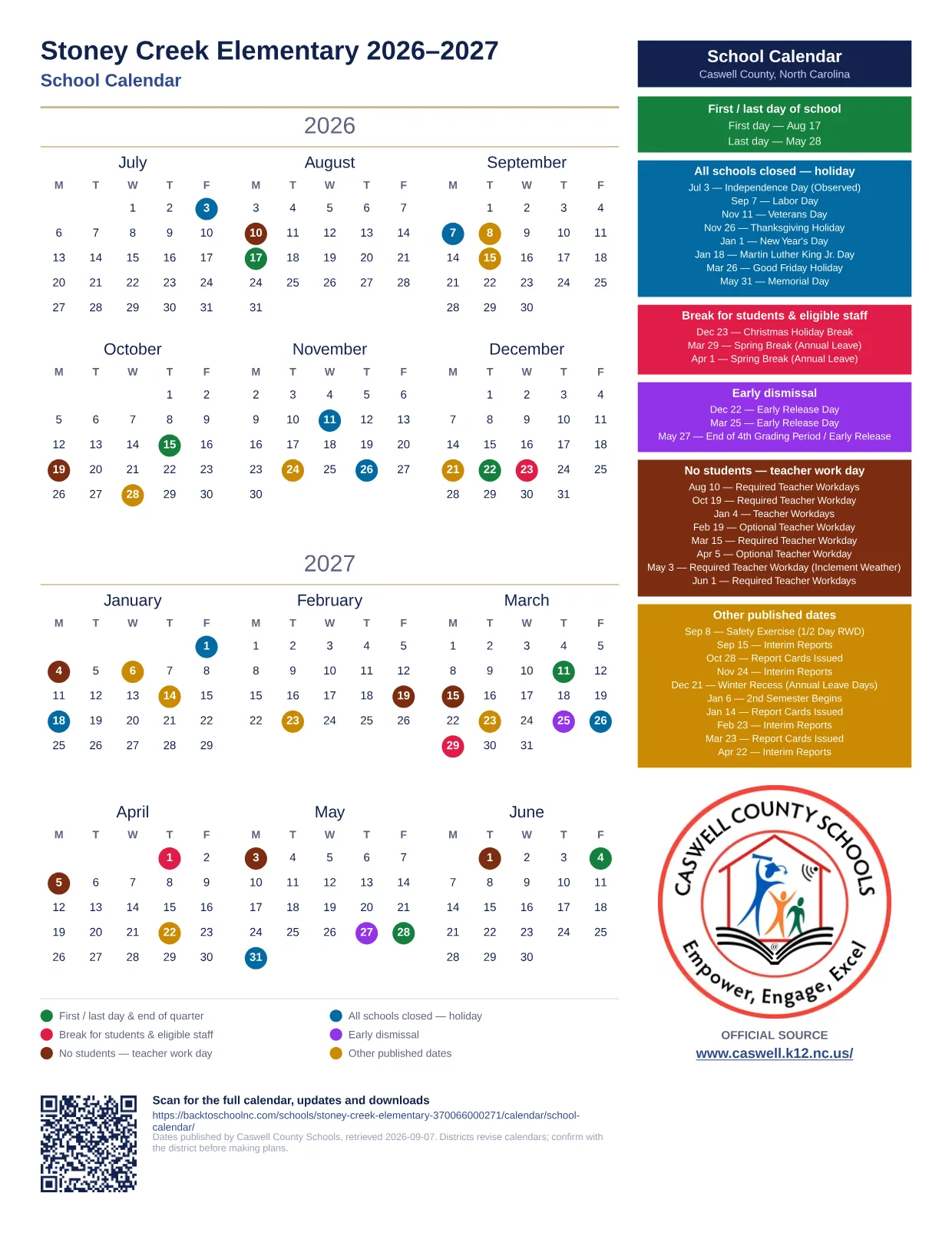 Stoney Creek Elementary 2026–2027 printable calendar