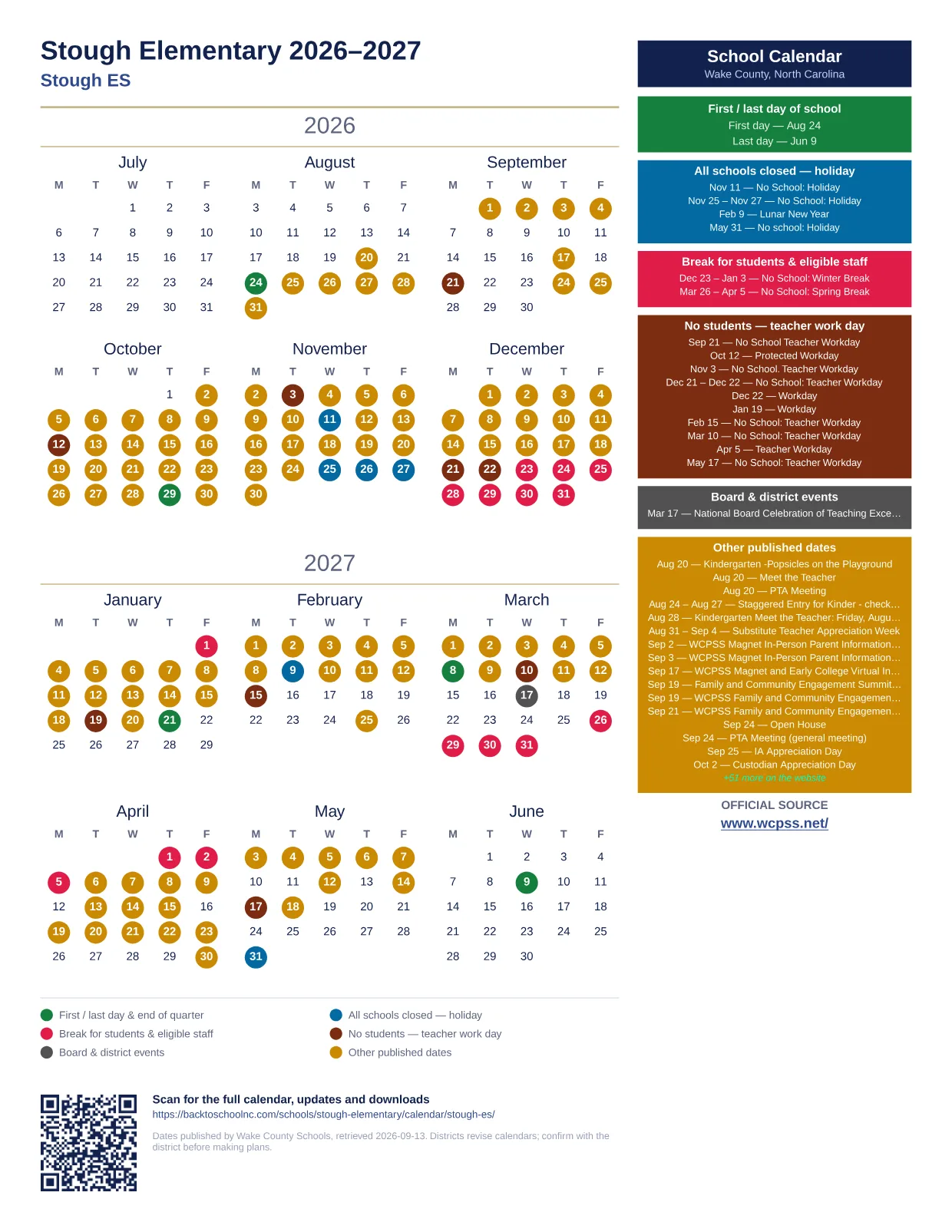 Stough Elementary 2026–2027 printable calendar