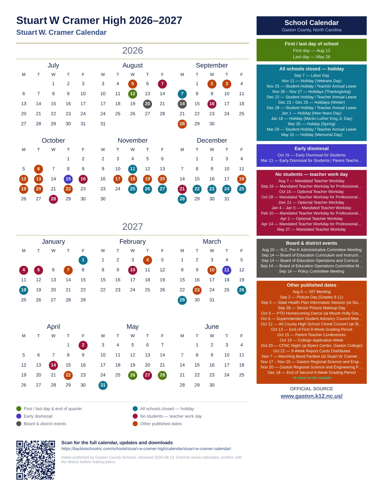 Stuart W Cramer High 2026–2027 printable calendar