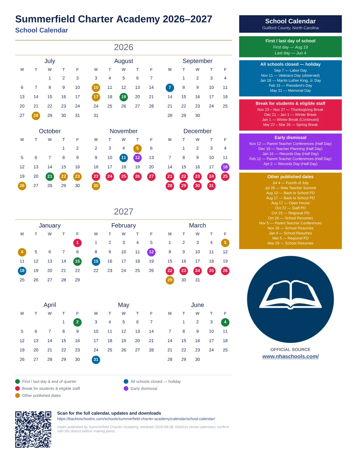 Summerfield Charter Academy School Calendar 2026–2027 printable calendar