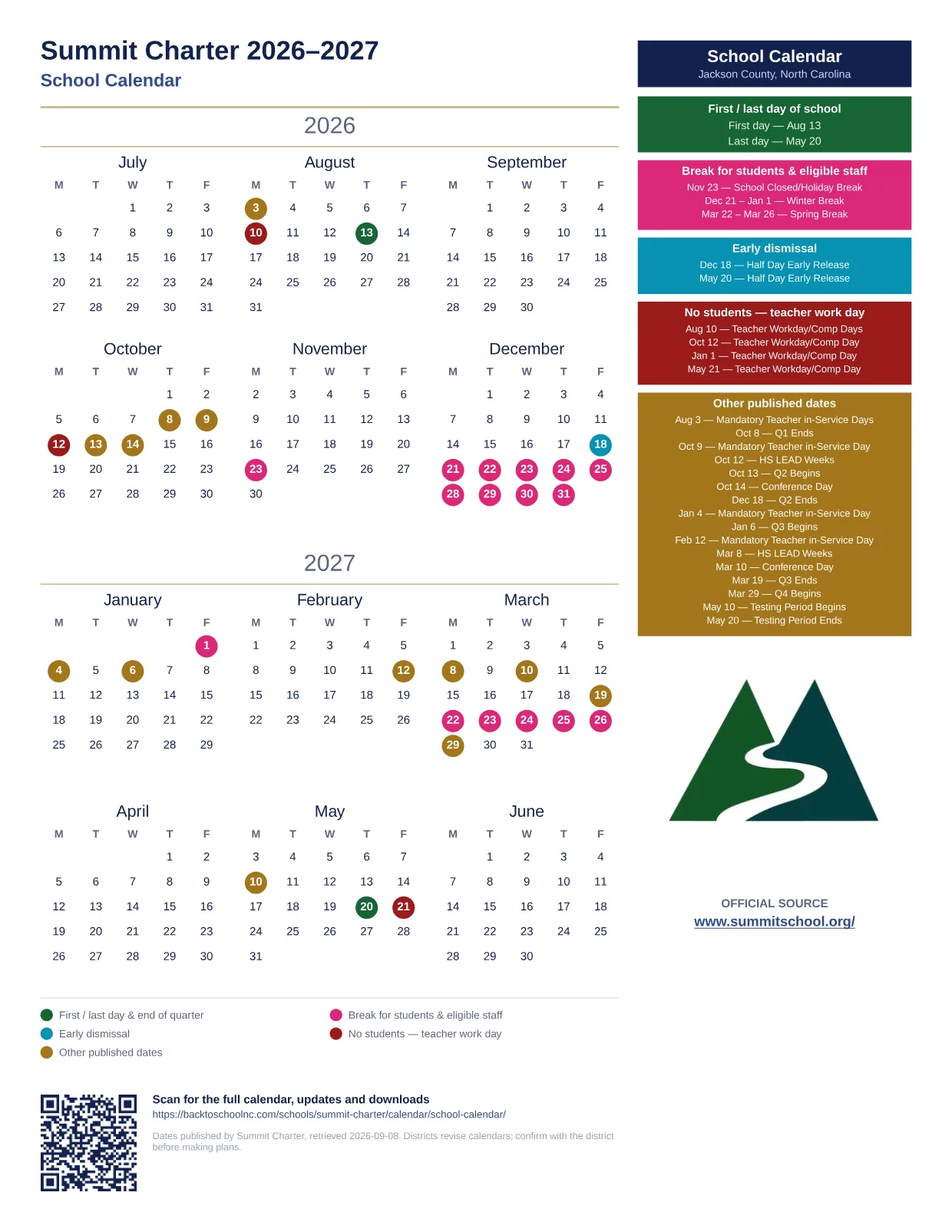 Summit Charter School Calendar 2026–2027 printable calendar