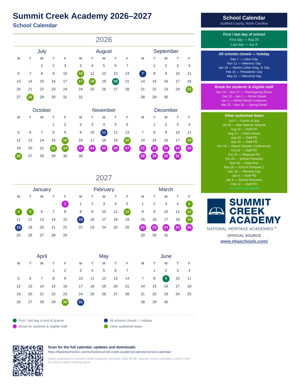 Summit Creek Academy School Calendar 2026–2027 printable calendar