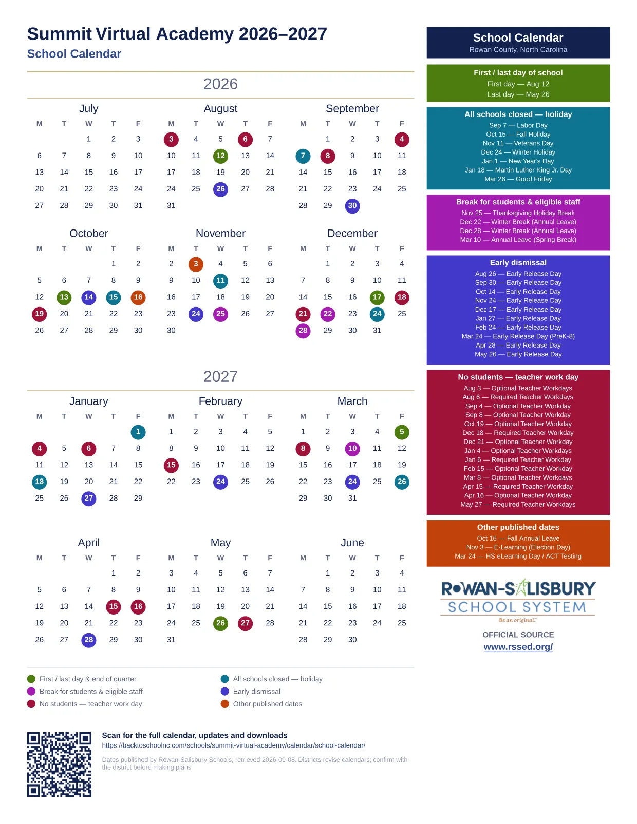 Summit Virtual Academy 2026–2027 printable calendar
