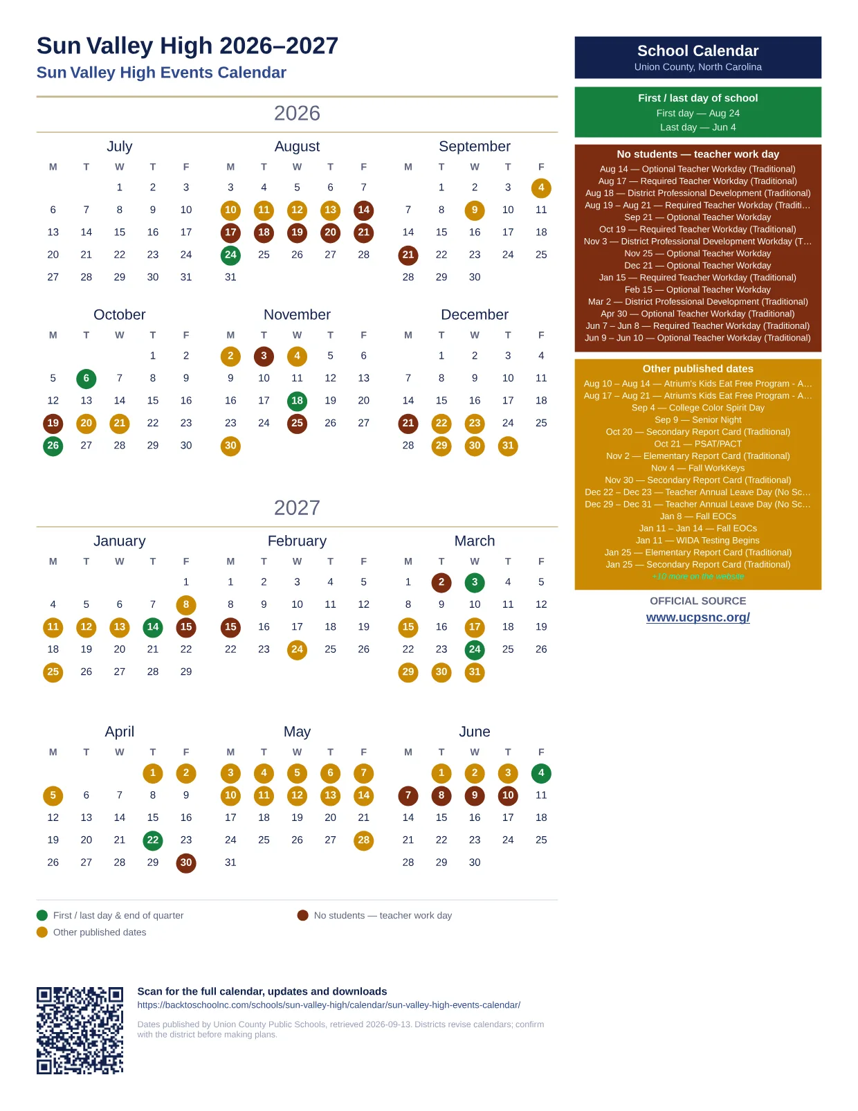 Sun Valley High 2026–2027 printable calendar