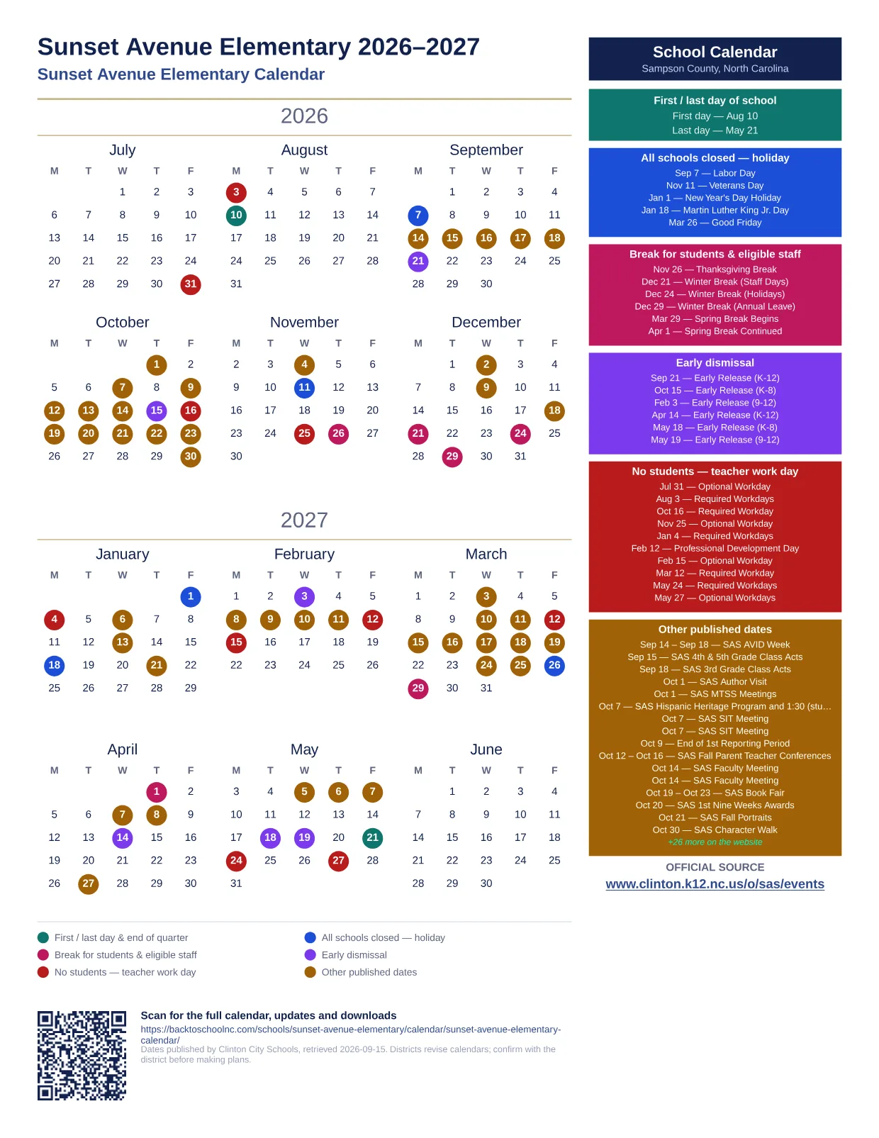 Sunset Avenue Elementary 2026–2027 printable calendar
