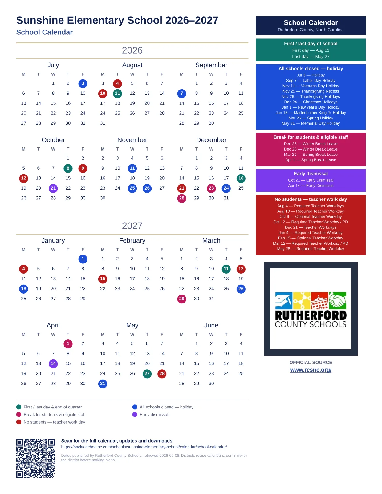 Sunshine Elementary School 2026–2027 printable calendar