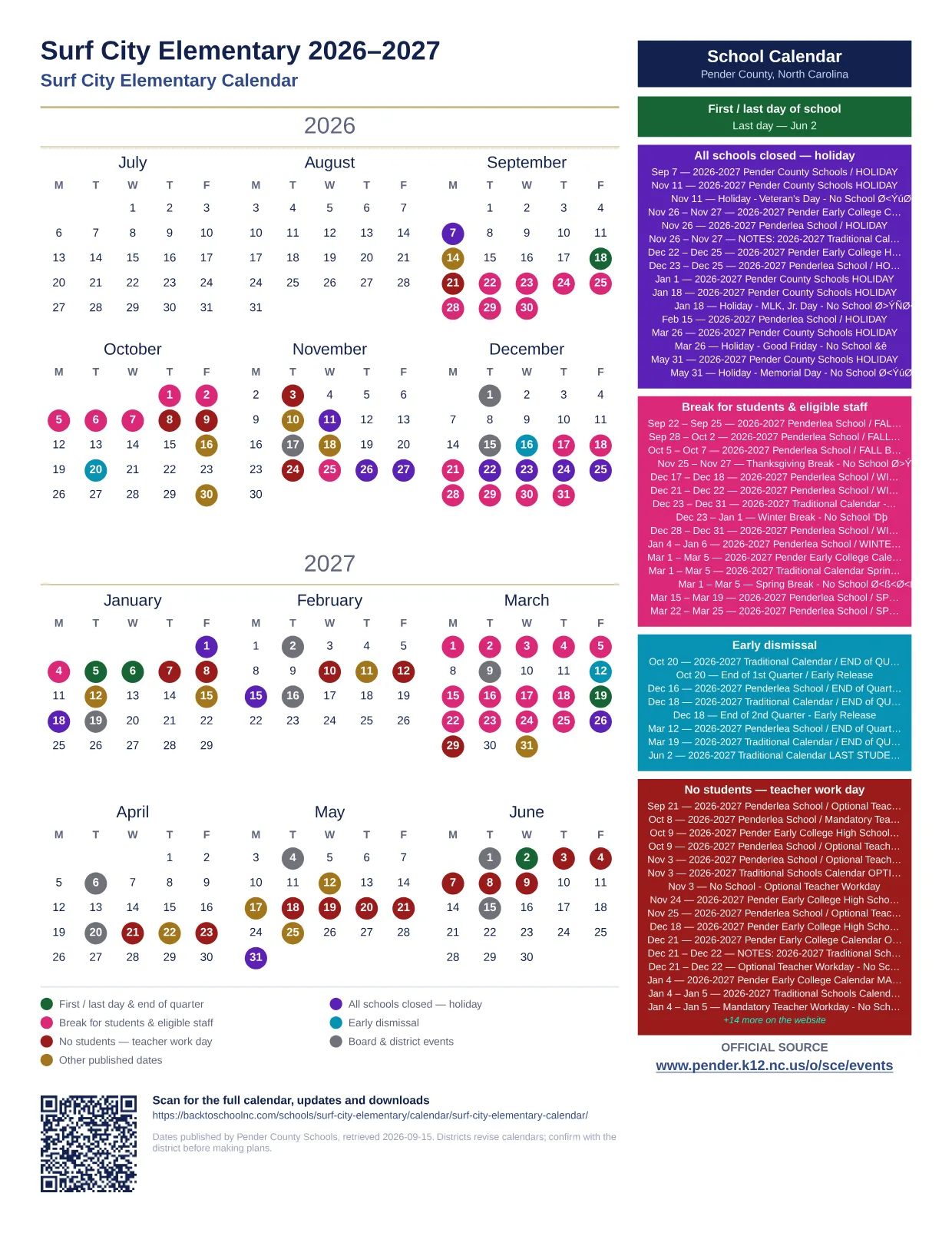 Surf City Elementary  printable calendar