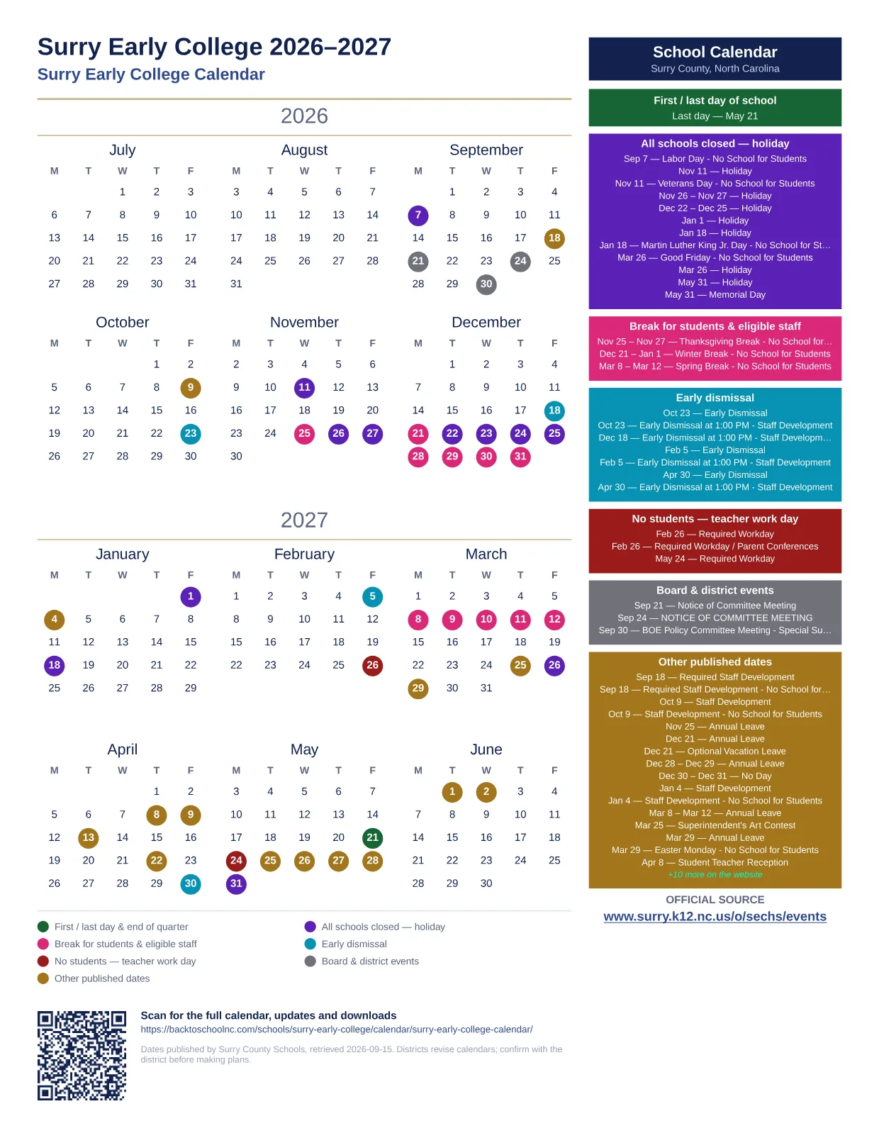 Surry Early College  printable calendar
