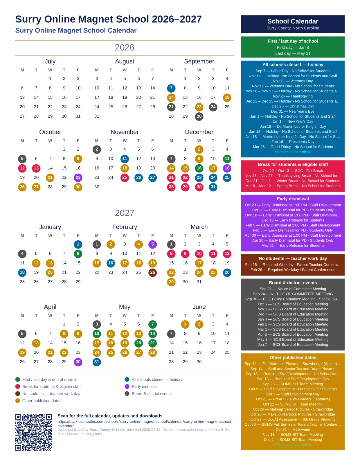 Surry Online Magnet School 2027–2028 printable calendar