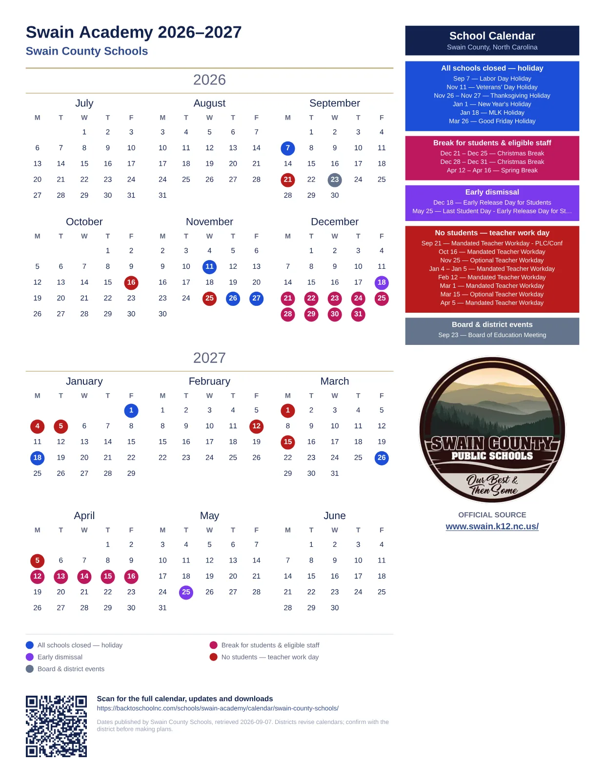 Swain Academy  printable calendar