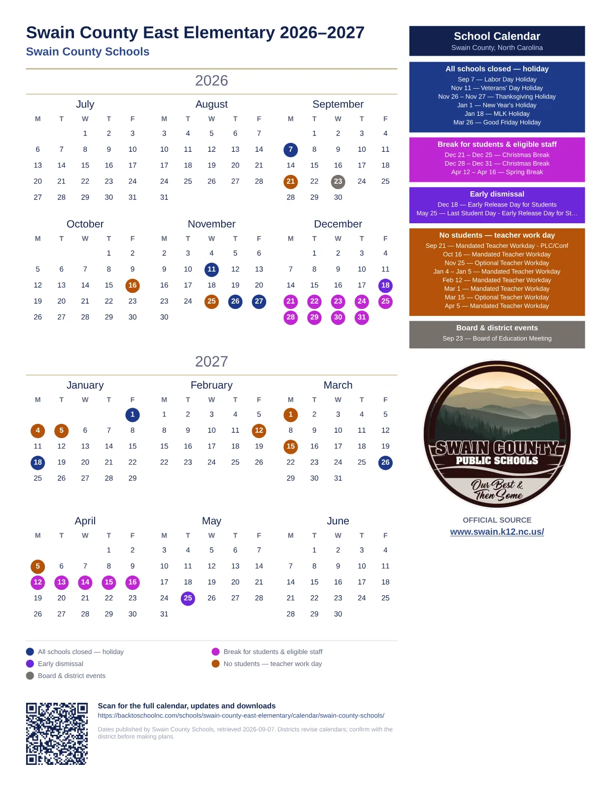 Swain County East Elementary  printable calendar