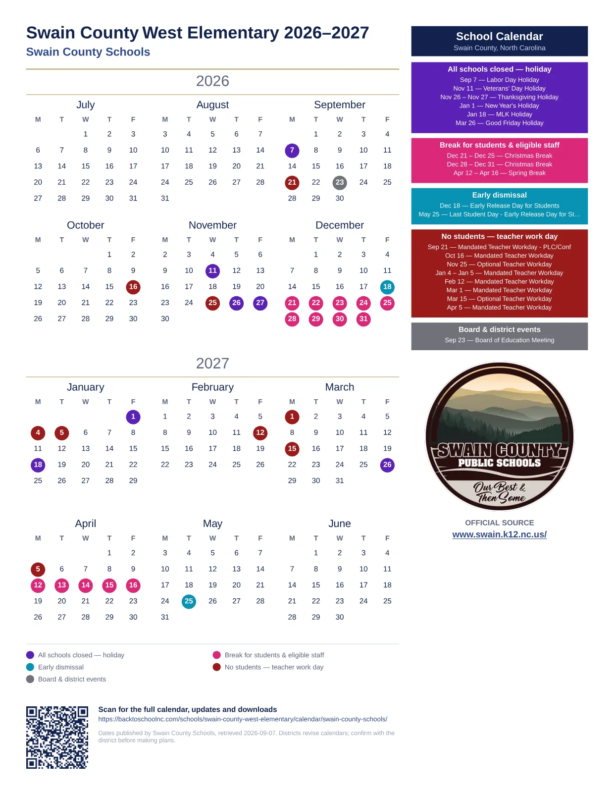 Swain County West Elementary printable calendar