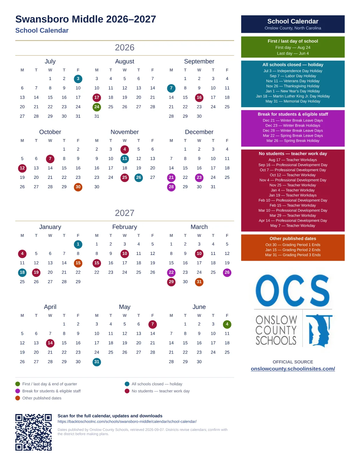 Swansboro Middle 2026–2027 printable calendar