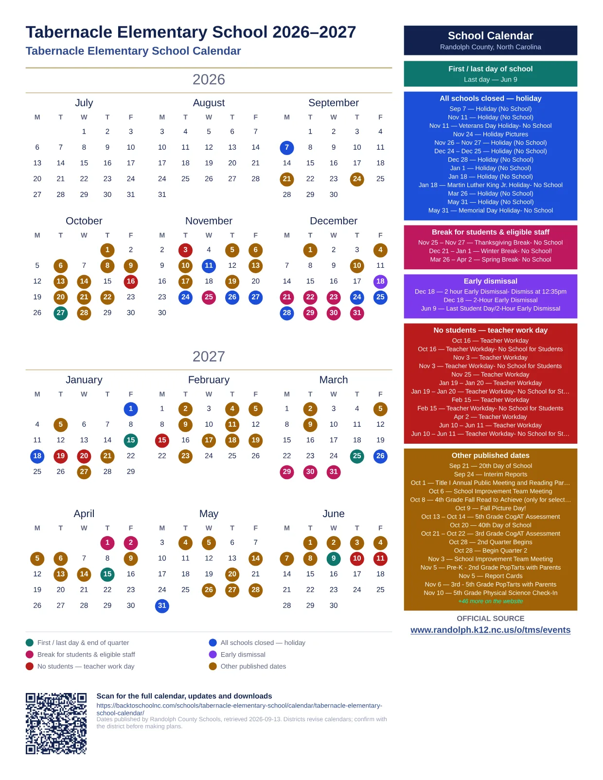 Tabernacle Elementary School  printable calendar