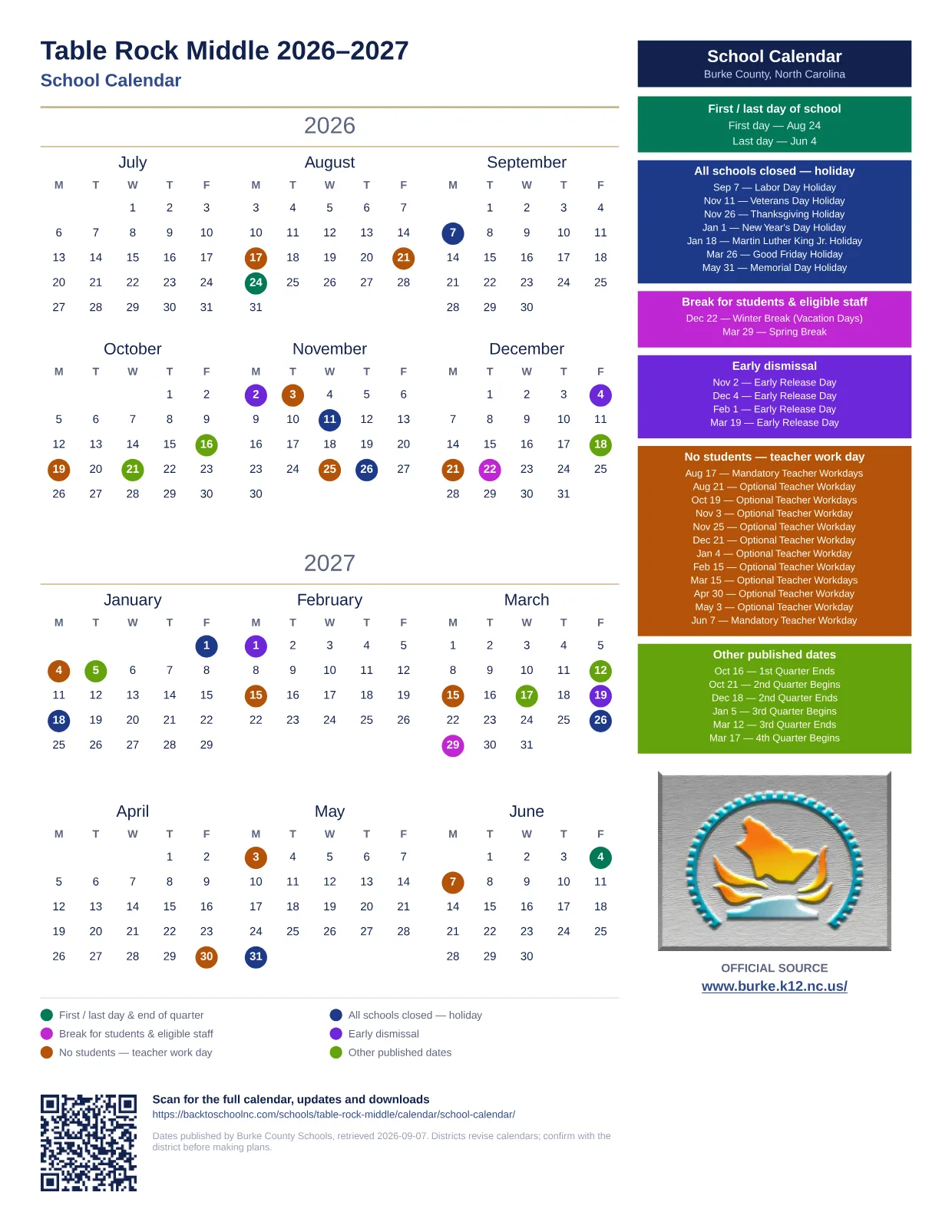 Table Rock Middle 2026–2027 printable calendar