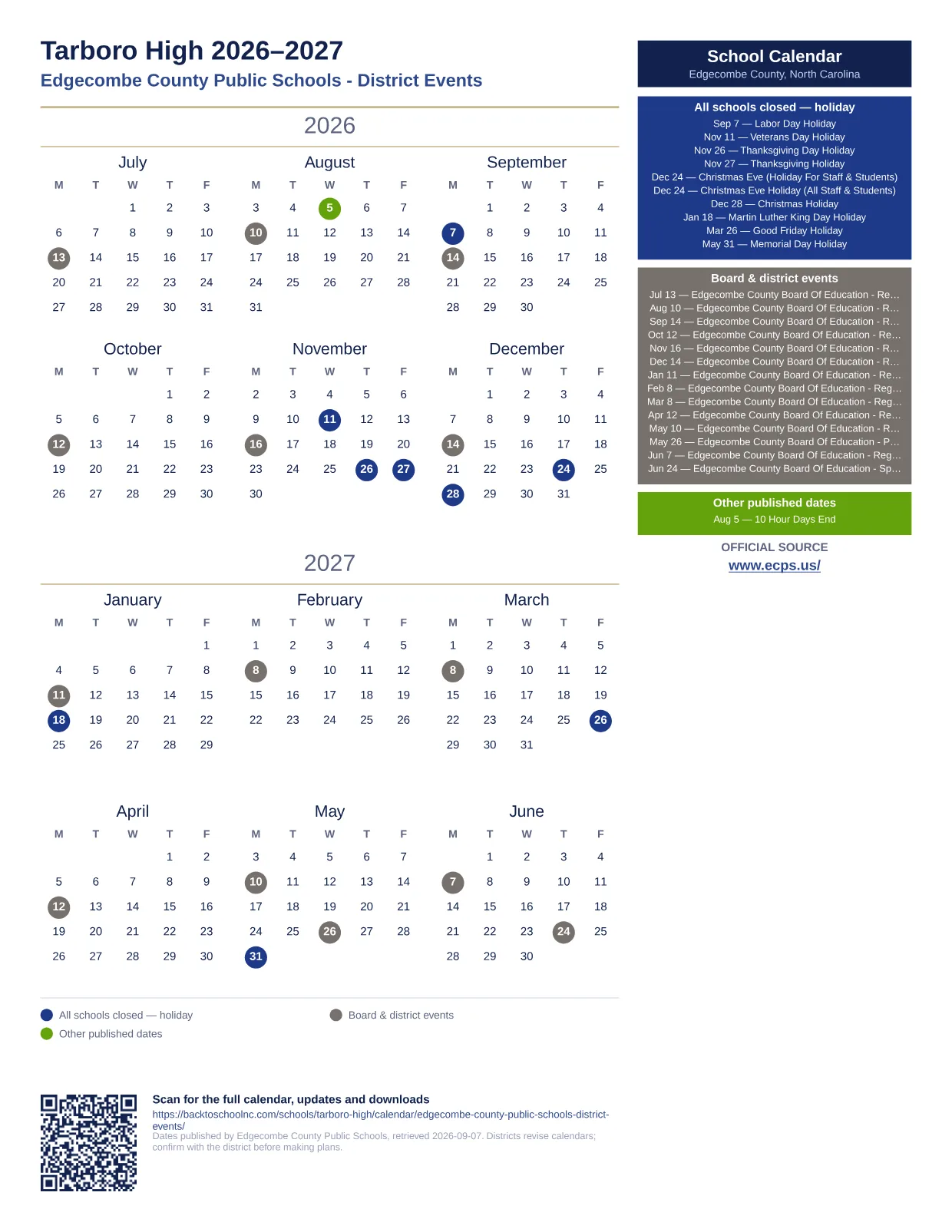 Tarboro High printable calendar