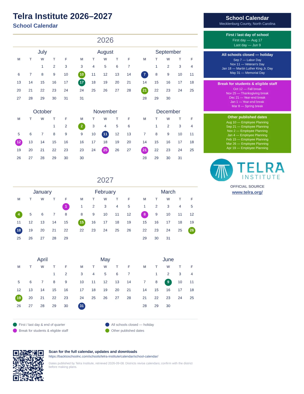 Telra Institute School Calendar 2026–2027 printable calendar