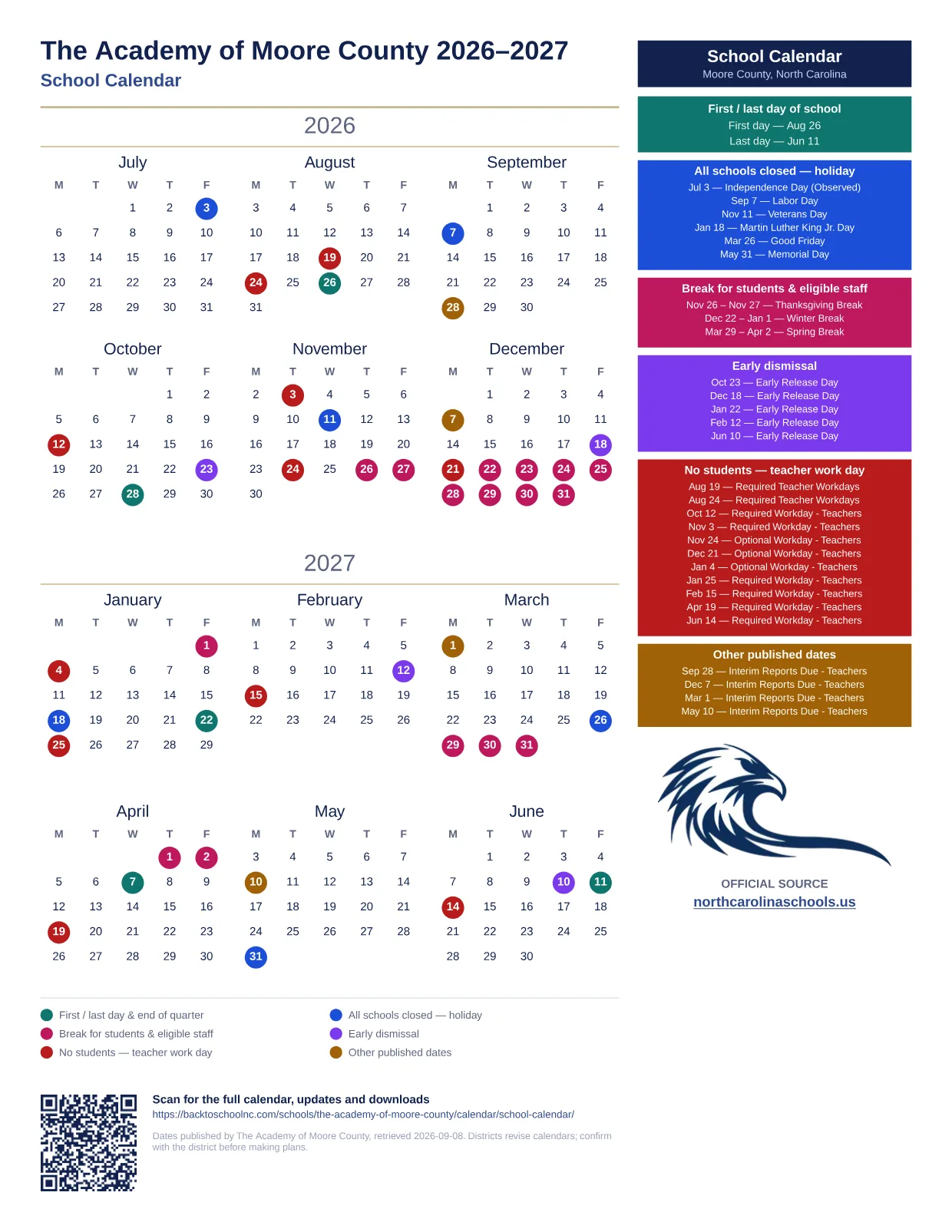 The Academy of Moore County School Calendar 2026–2027 printable calendar