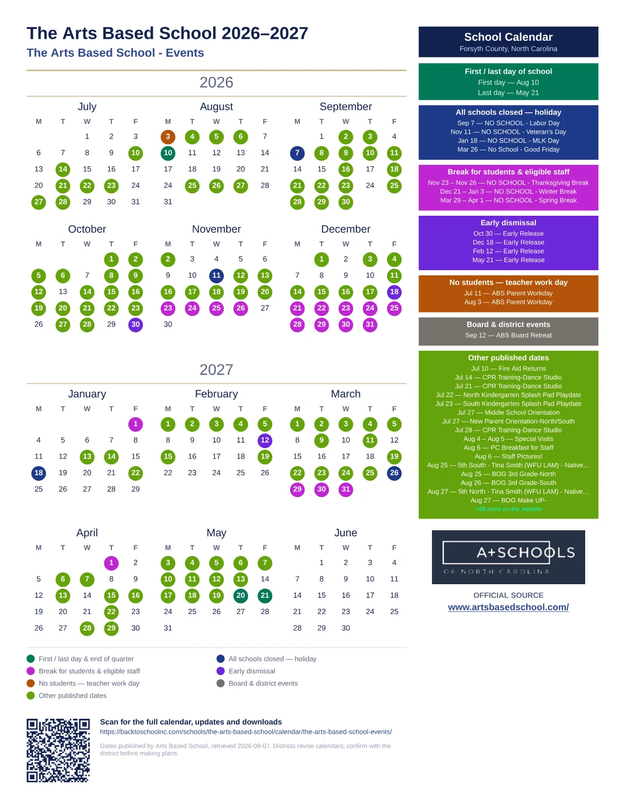 The Arts Based School 2026–2027 printable calendar
