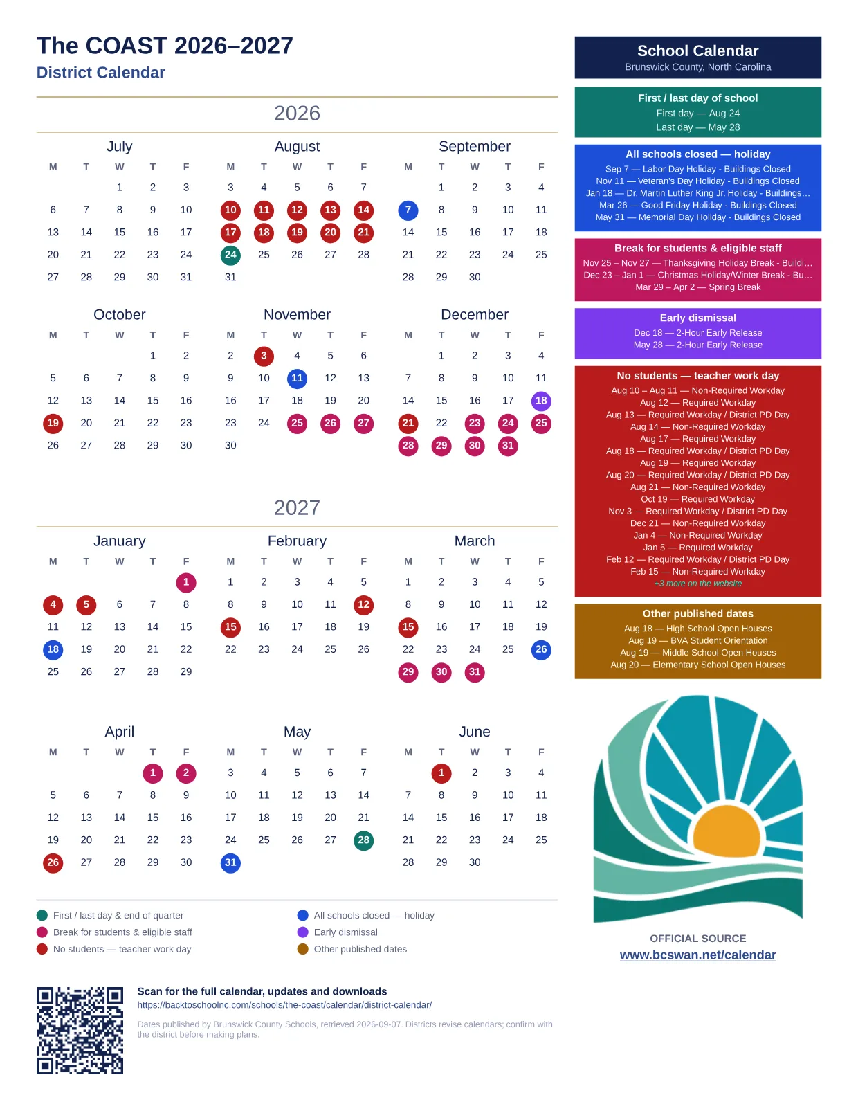 The COAST 2026–2027 printable calendar