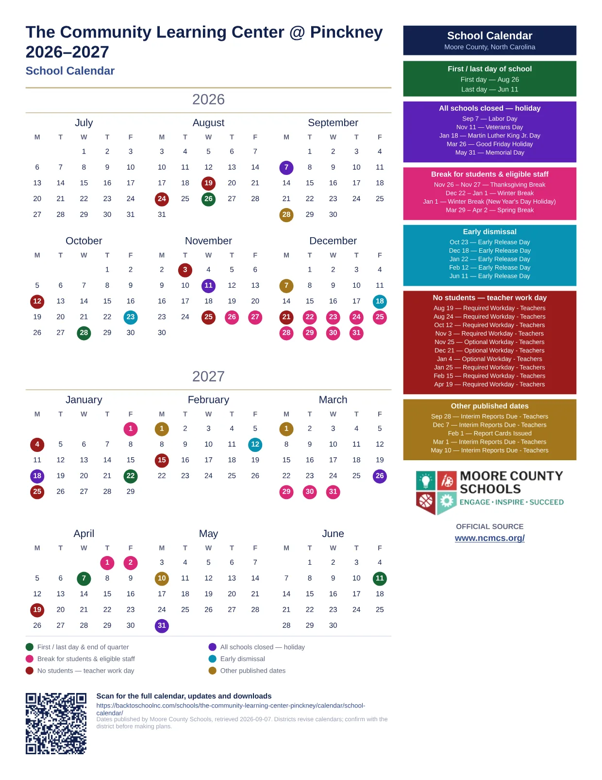 The Community Learning Center @ Pinckney 2026–2027 printable calendar