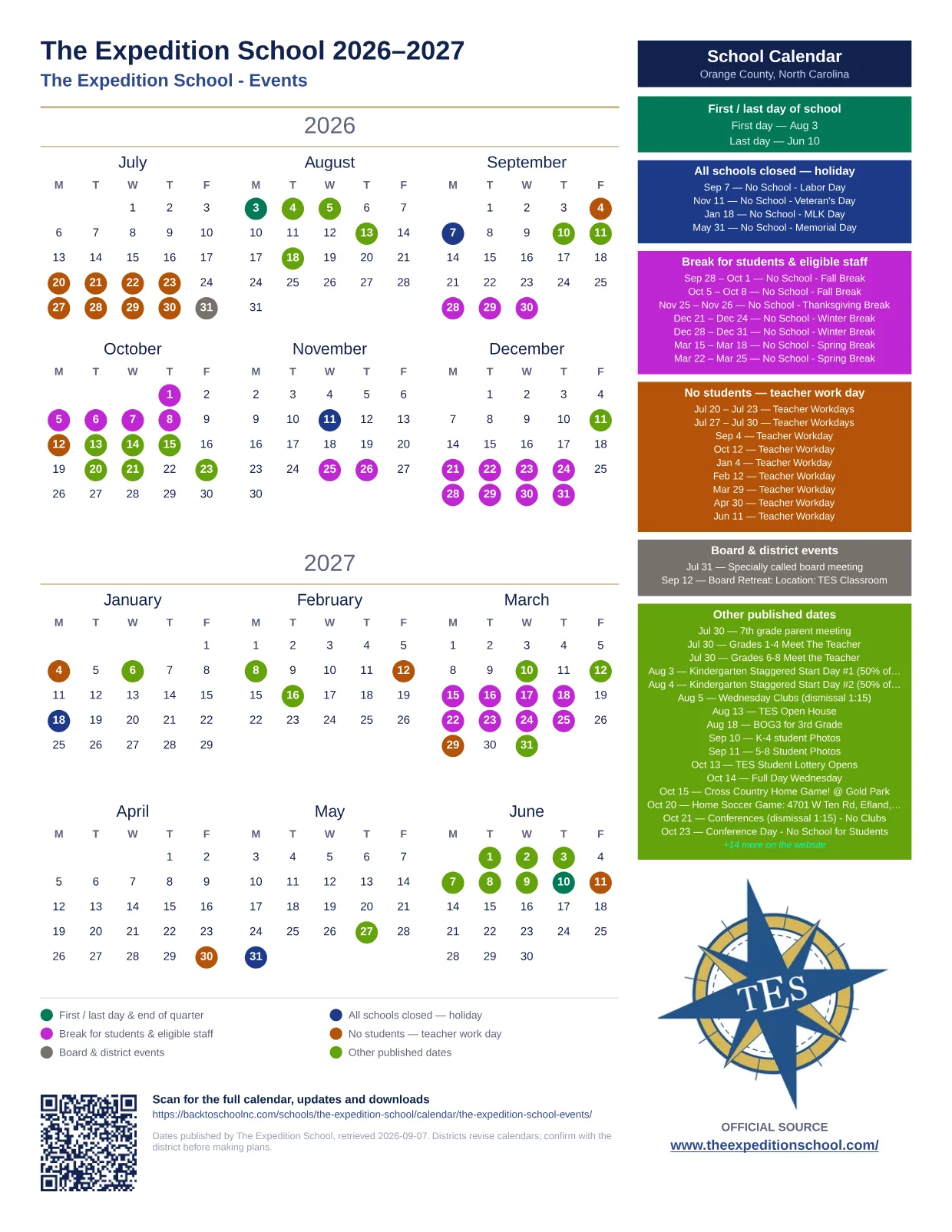 The Expedition School The Expedition School - Events 2026–2027 printable calendar