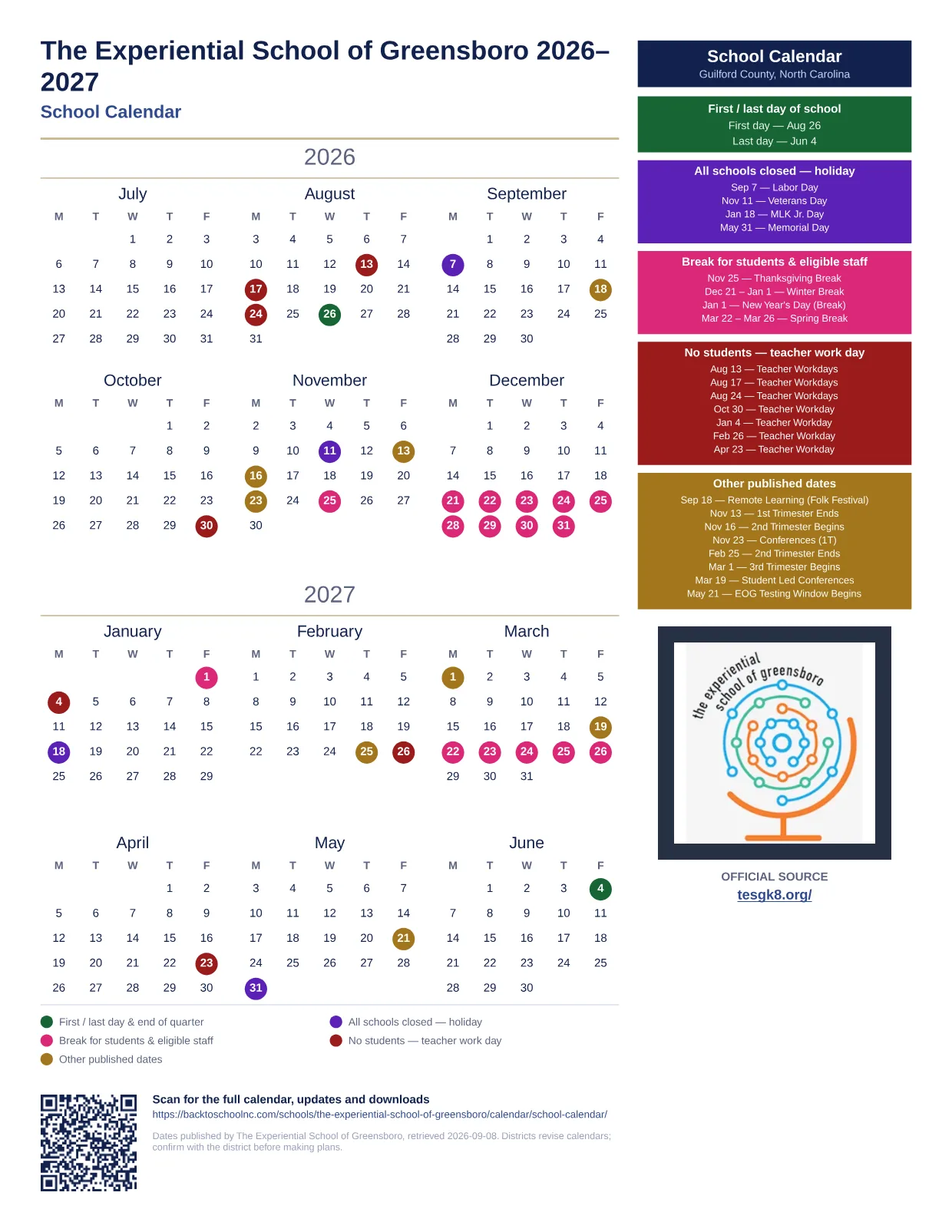 The Experiential School of Greensboro School Calendar 2026–2027 printable calendar