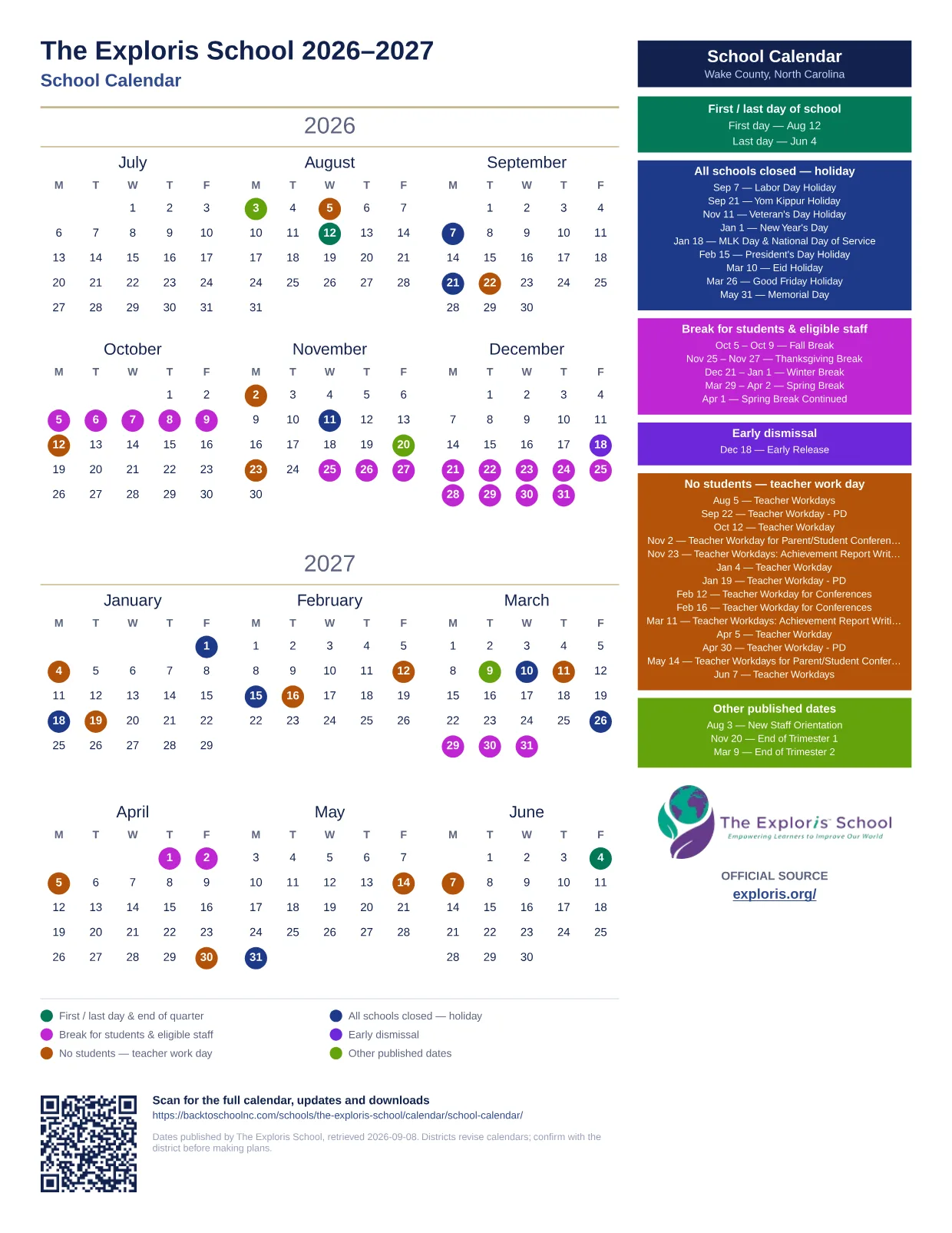 The Exploris School School Calendar  printable calendar