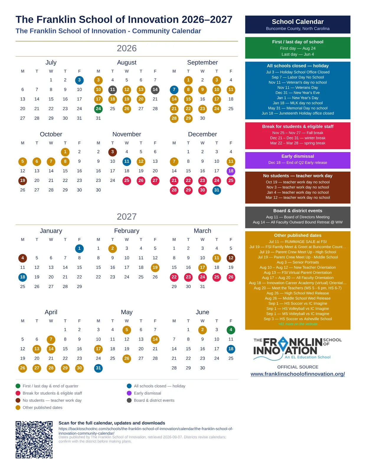 The Franklin School of Innovation The Franklin School of Innovation - Community Calendar 2026–2027 printable calendar