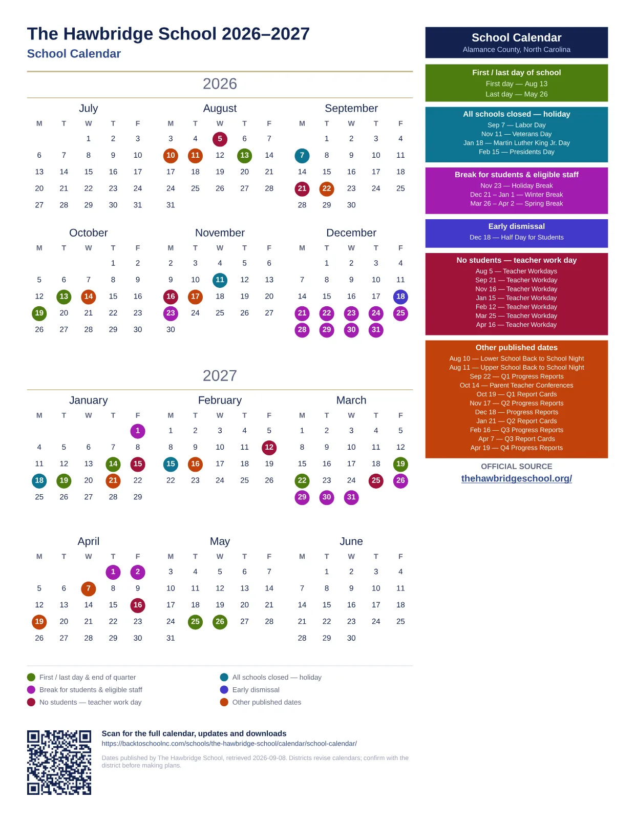 The Hawbridge School School Calendar 2026–2027 printable calendar