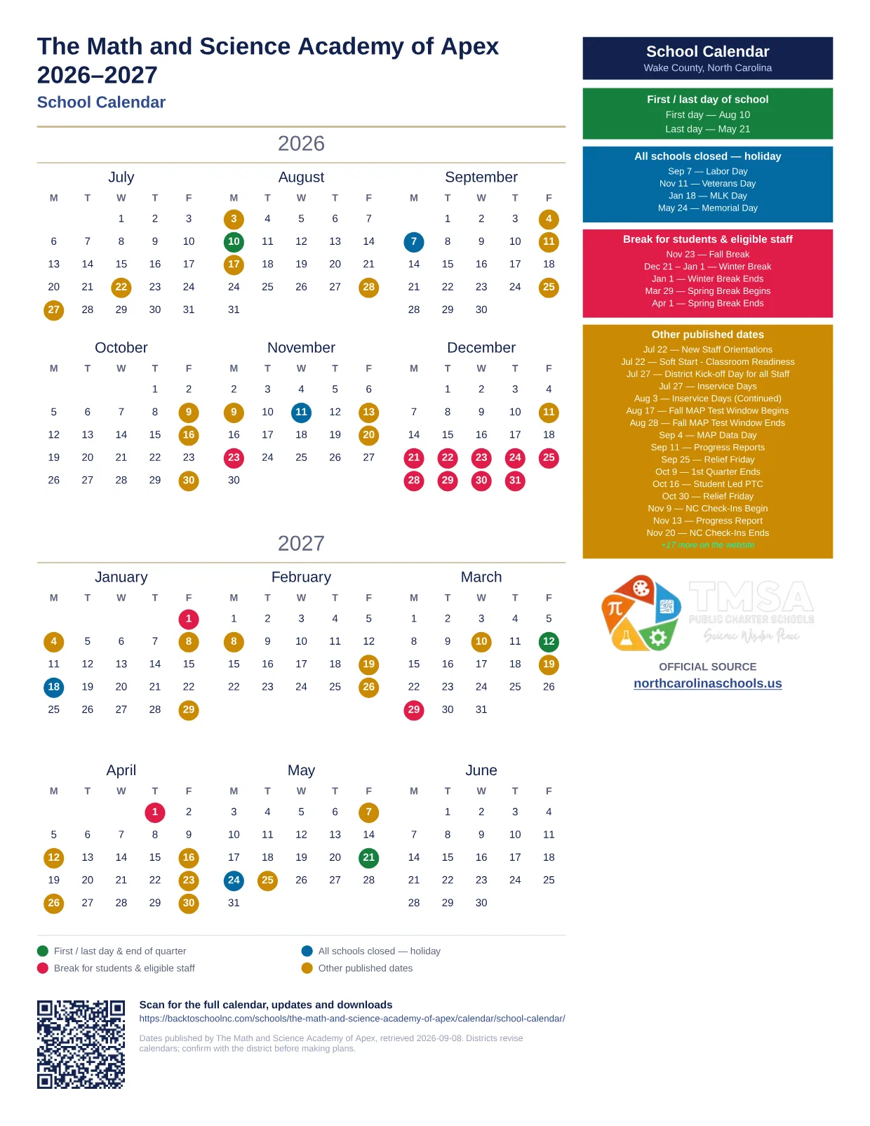 The Math and Science Academy of Apex School Calendar 2026–2027 printable calendar