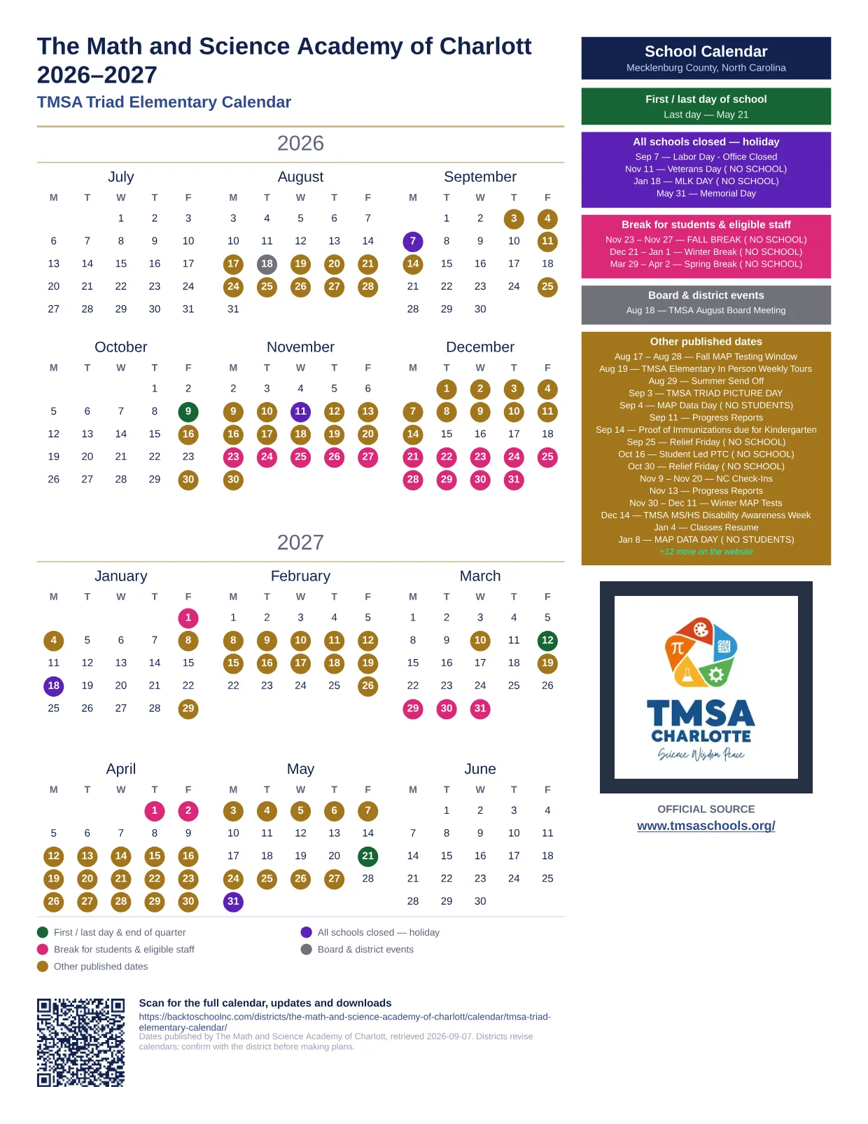 The Math and Science Academy of Charlott TMSA Triad Elementary Calendar  printable calendar