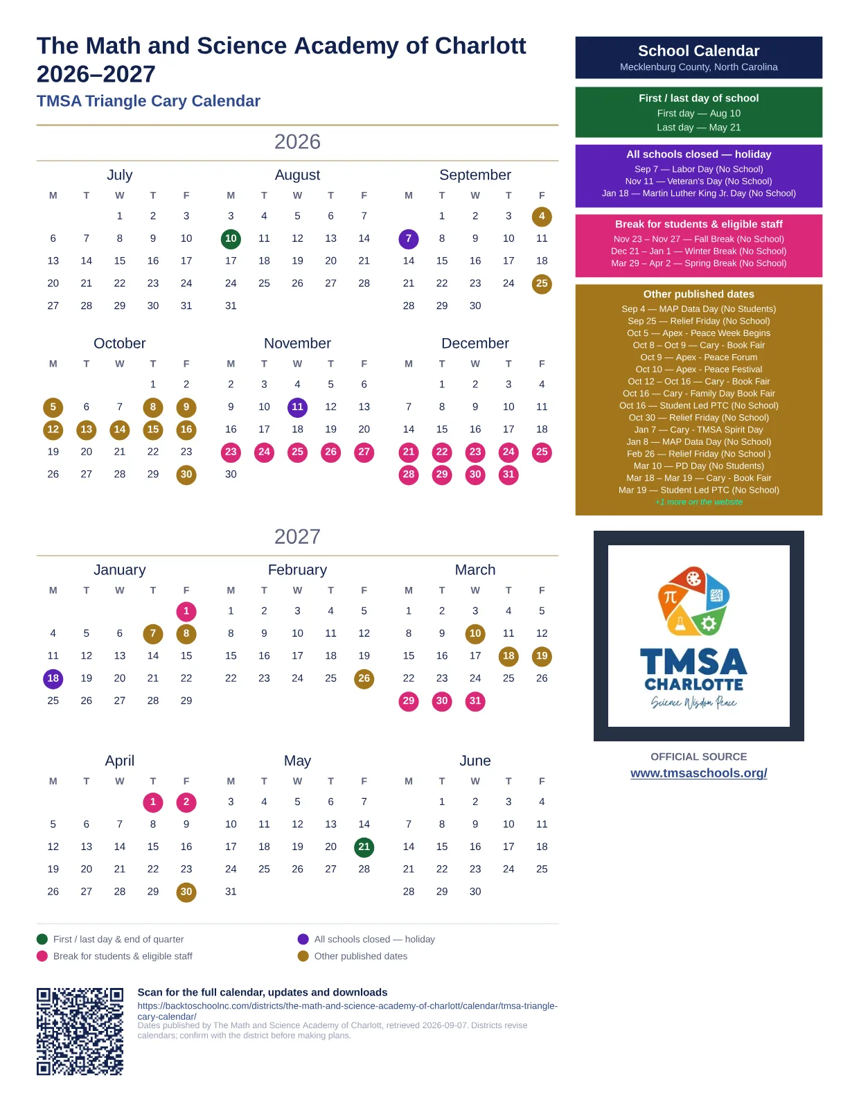 The Math and Science Academy of Charlott TMSA Triangle Cary Calendar 2026–2027 printable calendar