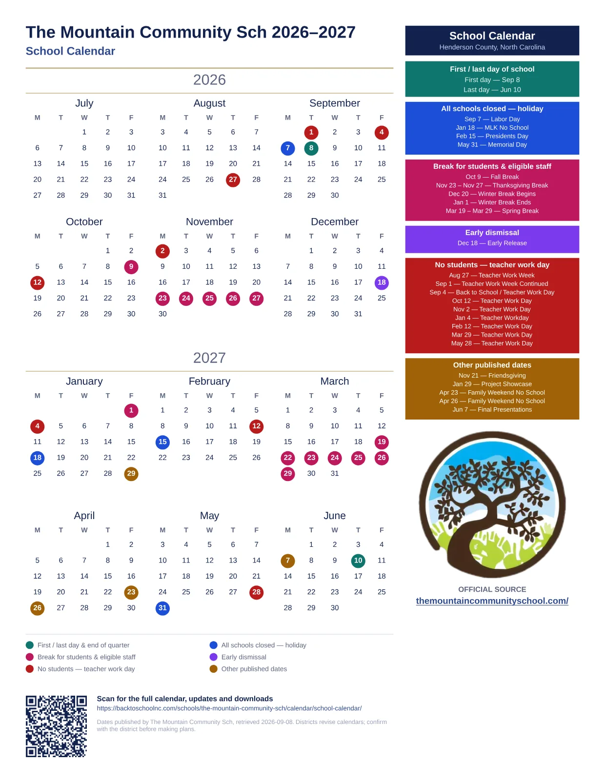 The Mountain Community Sch School Calendar 2026–2027 printable calendar