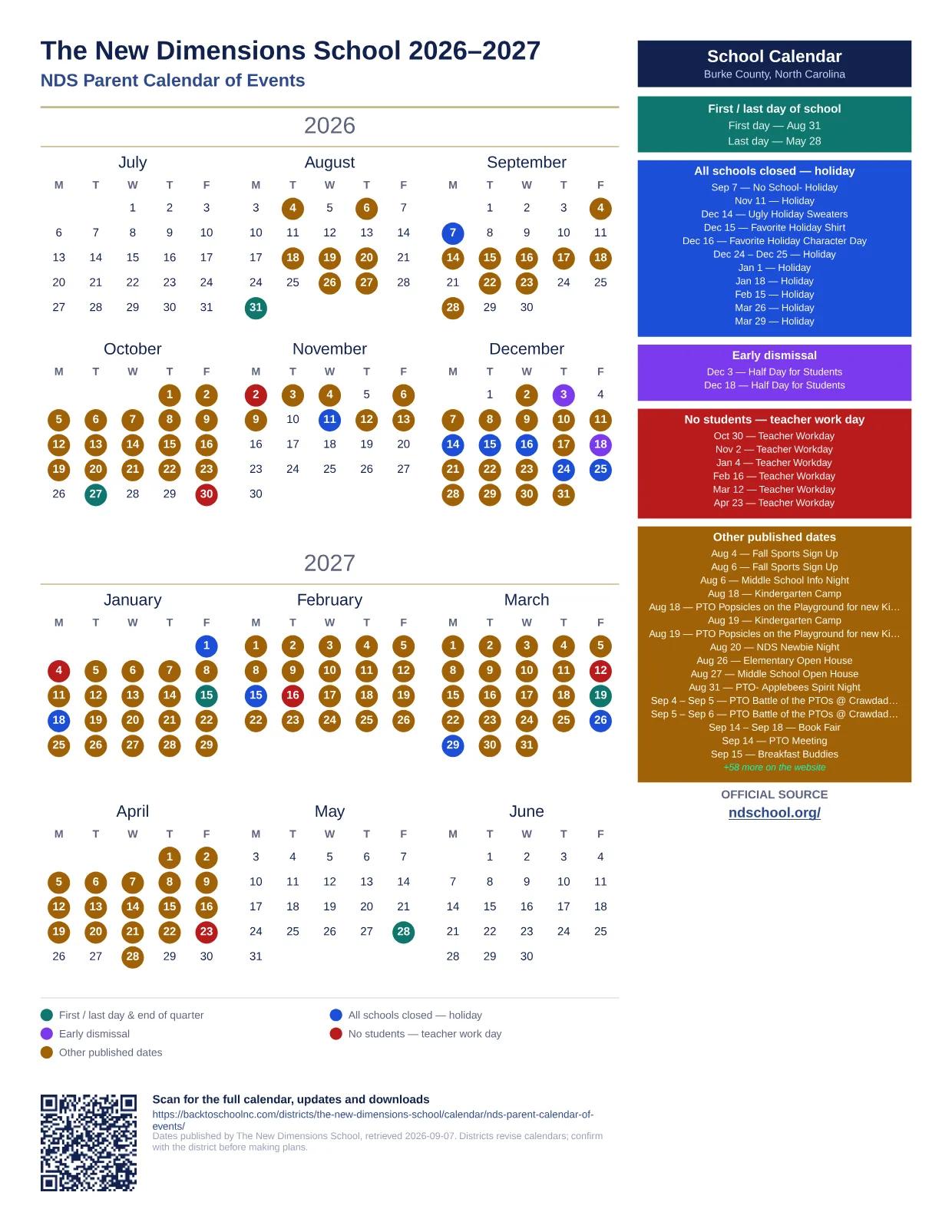 The New Dimensions School NDS Parent Calendar of Events 2026–2027 printable calendar