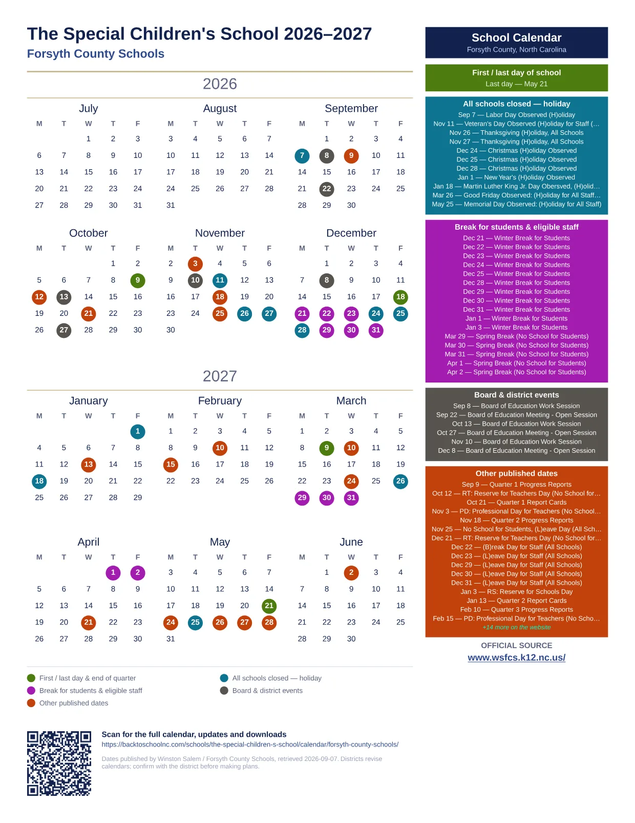 The Special Children's School  printable calendar