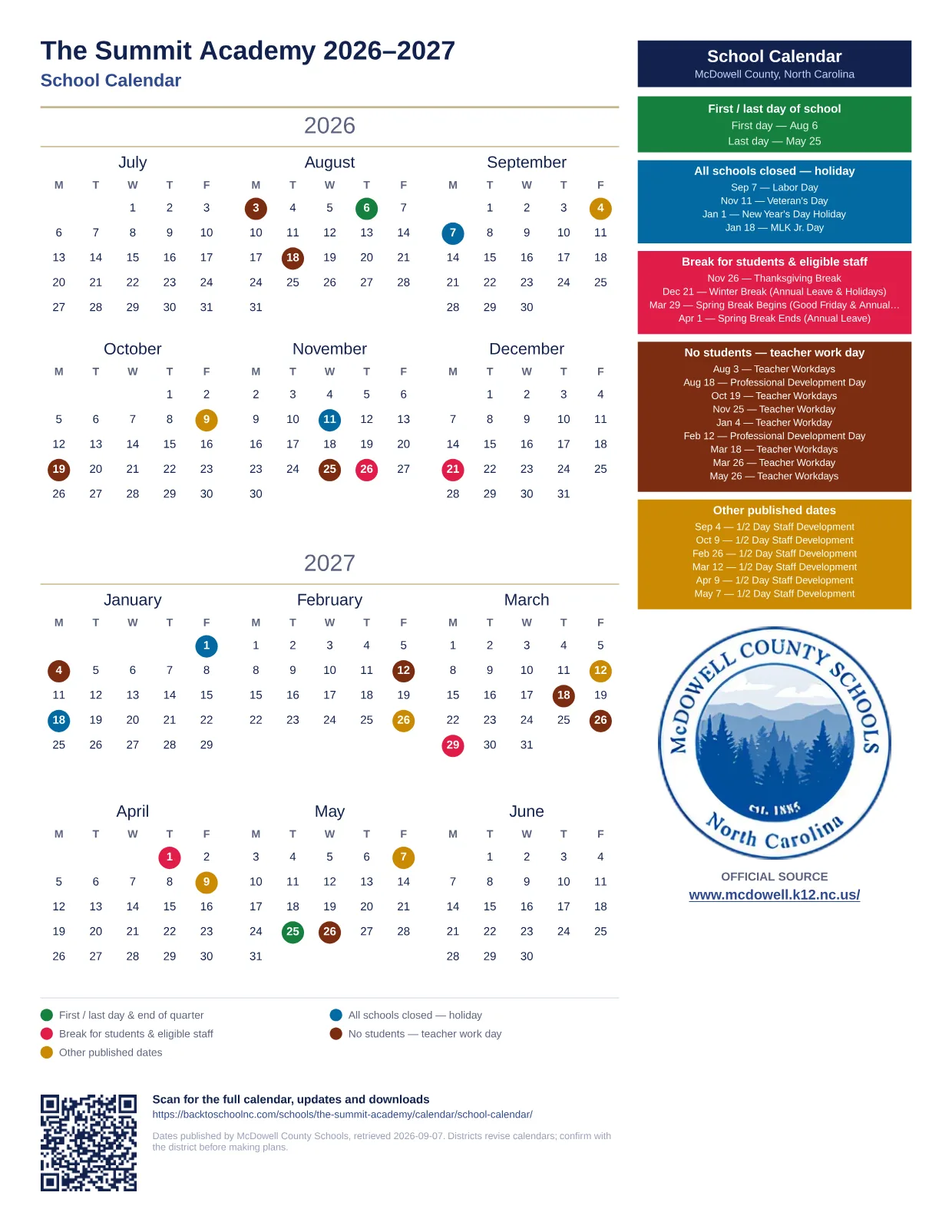 The Summit Academy 2026–2027 printable calendar