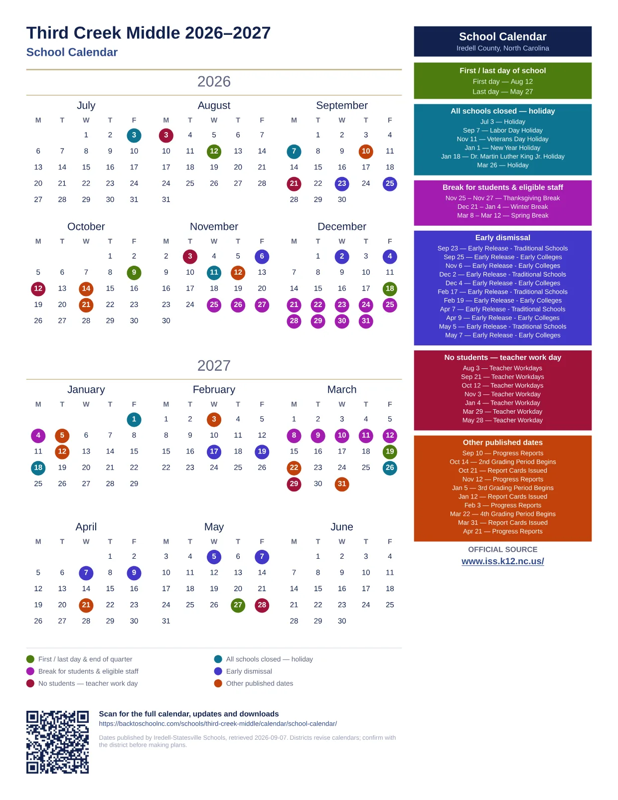 Third Creek Middle 2026–2027 printable calendar