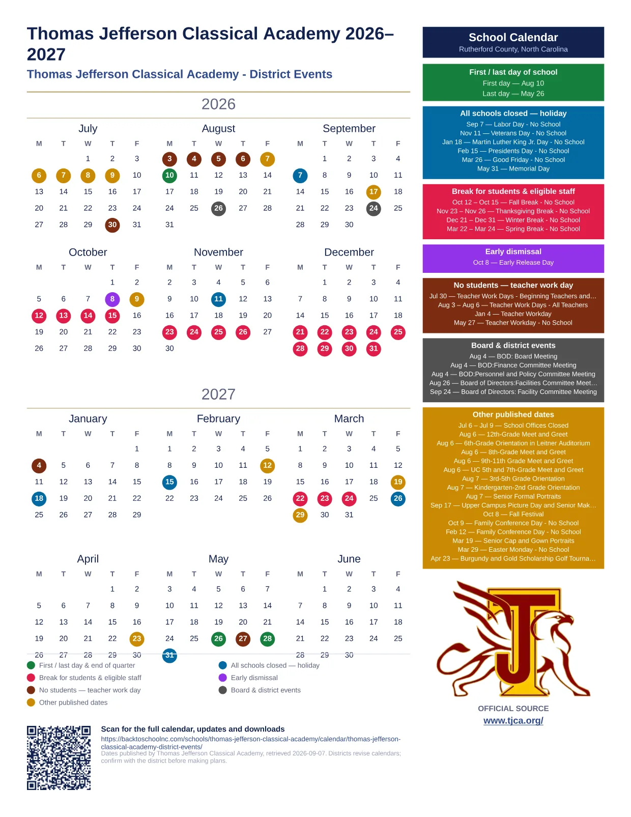 Thomas Jefferson Classical Academy Thomas Jefferson Classical Academy - District Events 2026–2027 printable calendar