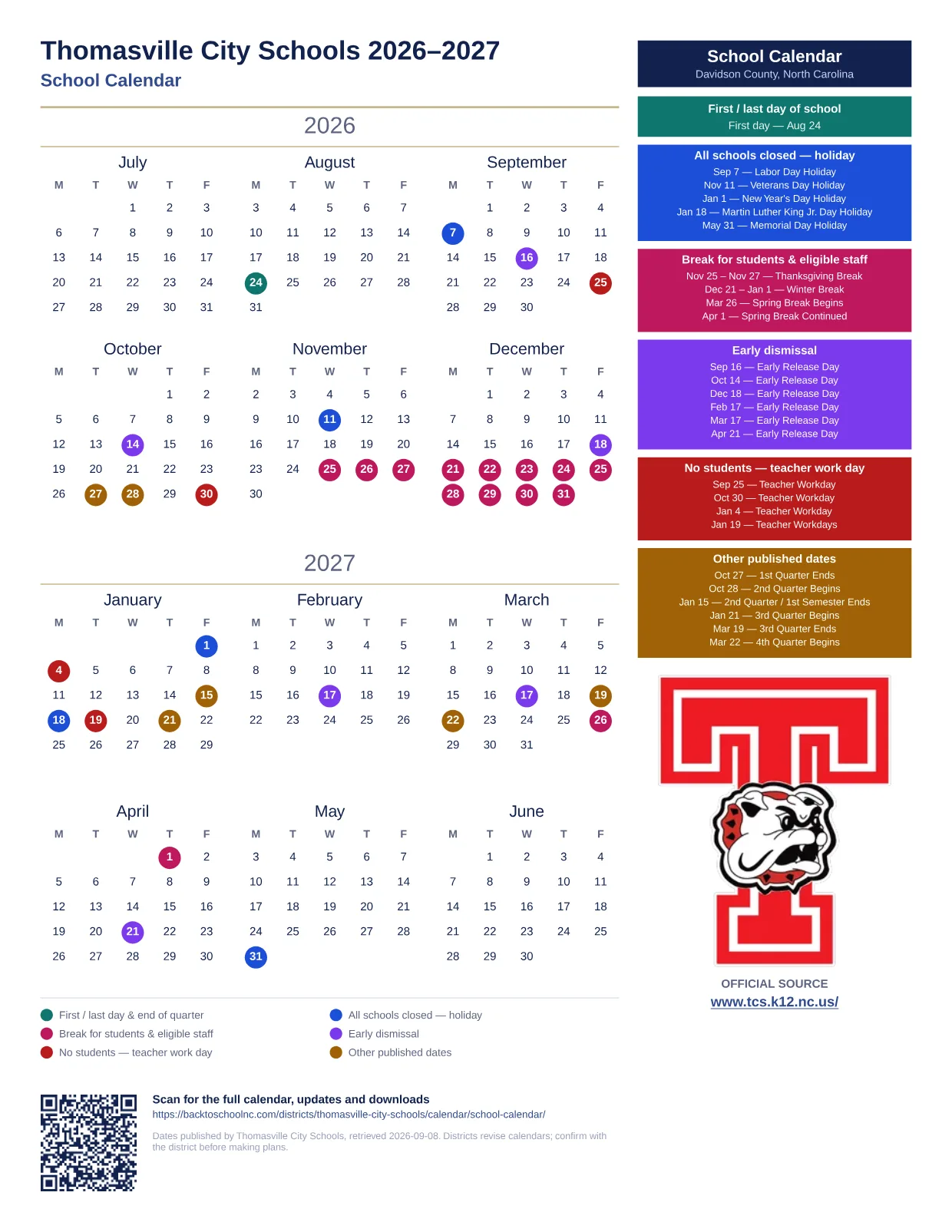 Thomasville City Schools School Calendar 2026–2027 printable calendar