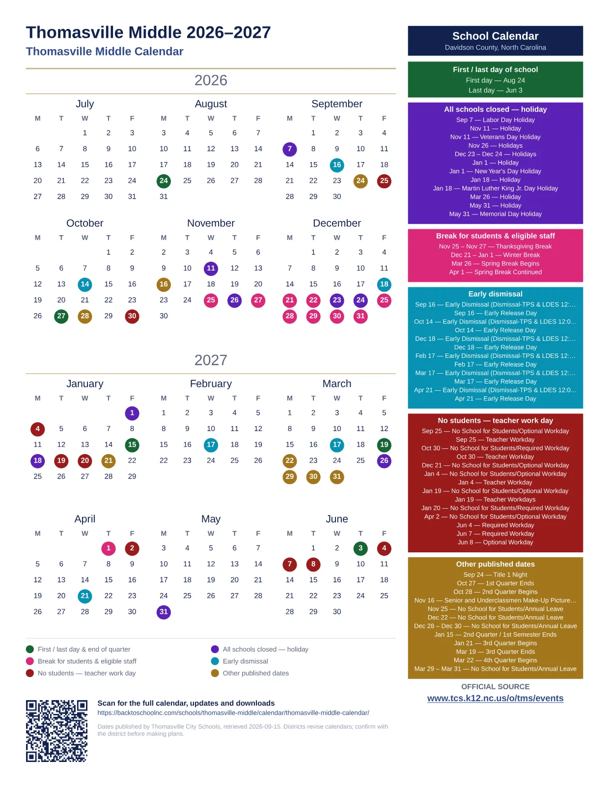 Thomasville Middle 2026–2027 printable calendar