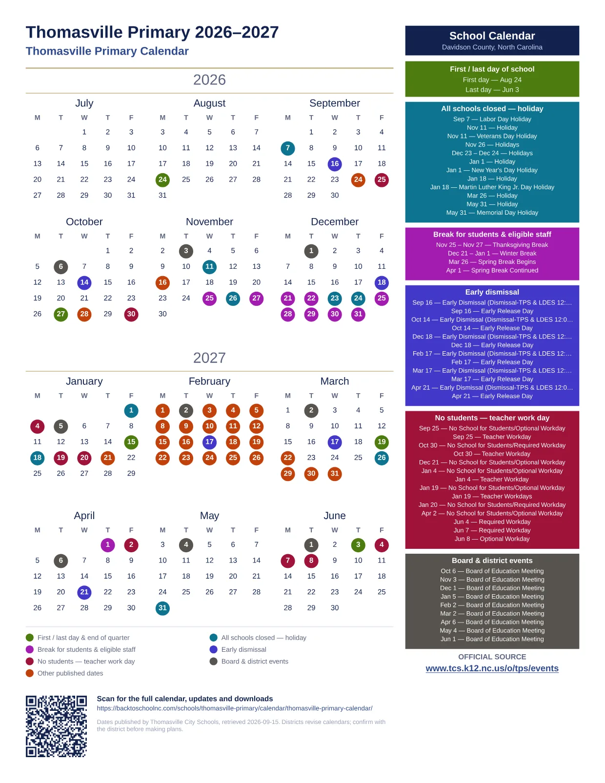 Thomasville Primary 2026–2027 printable calendar