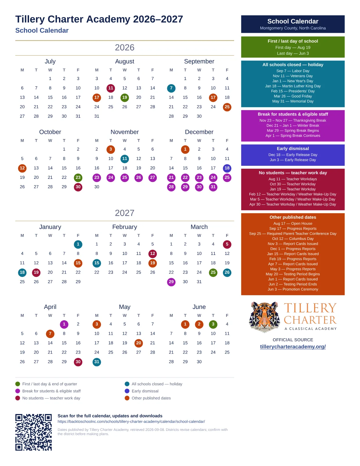 Tillery Charter Academy School Calendar 2026–2027 printable calendar