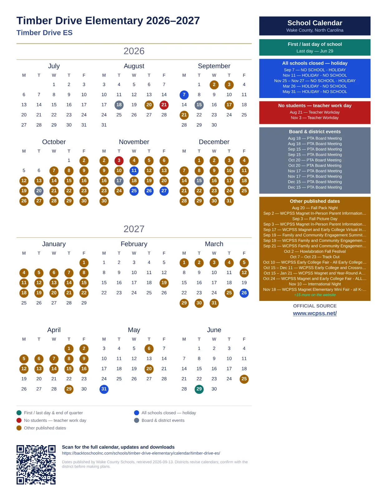 Timber Drive Elementary  printable calendar