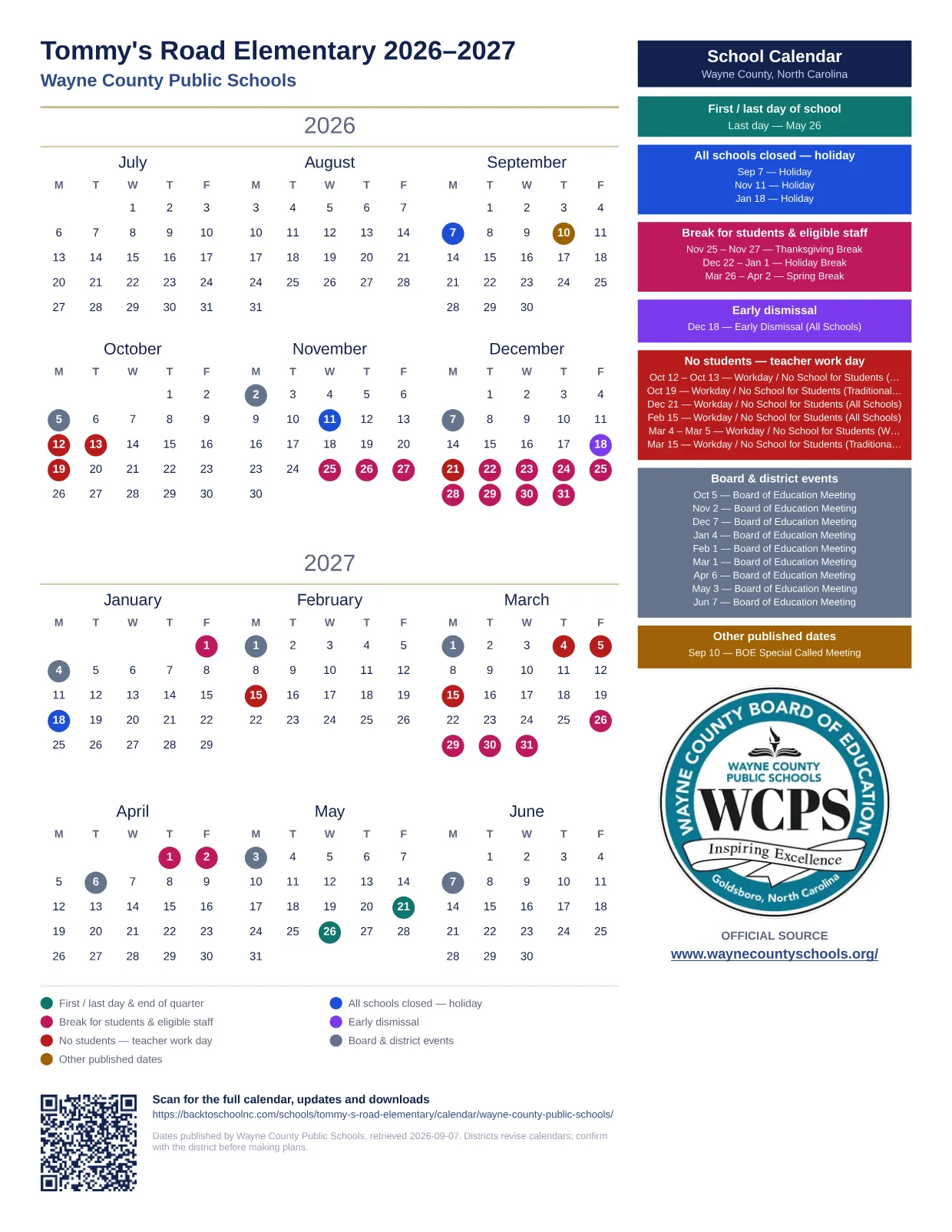 Tommy's Road Elementary printable calendar