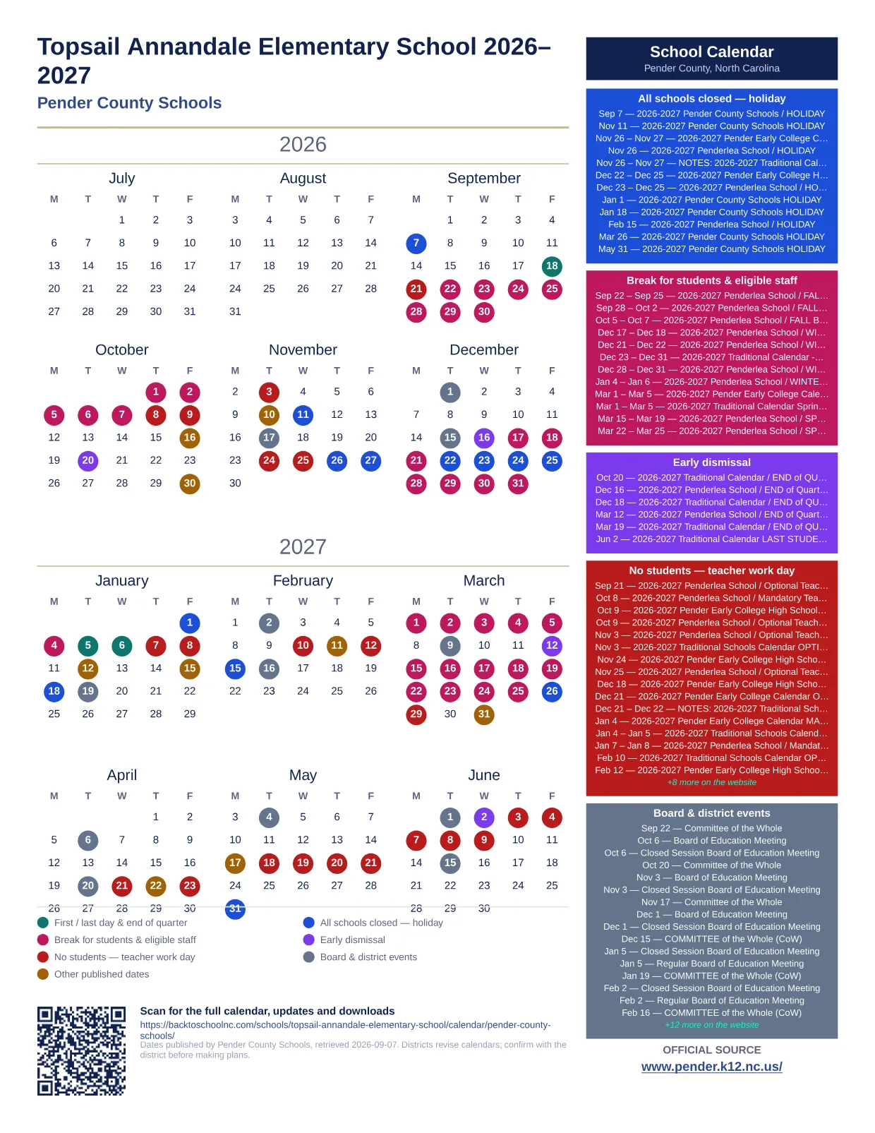 Topsail Annandale Elementary School  printable calendar
