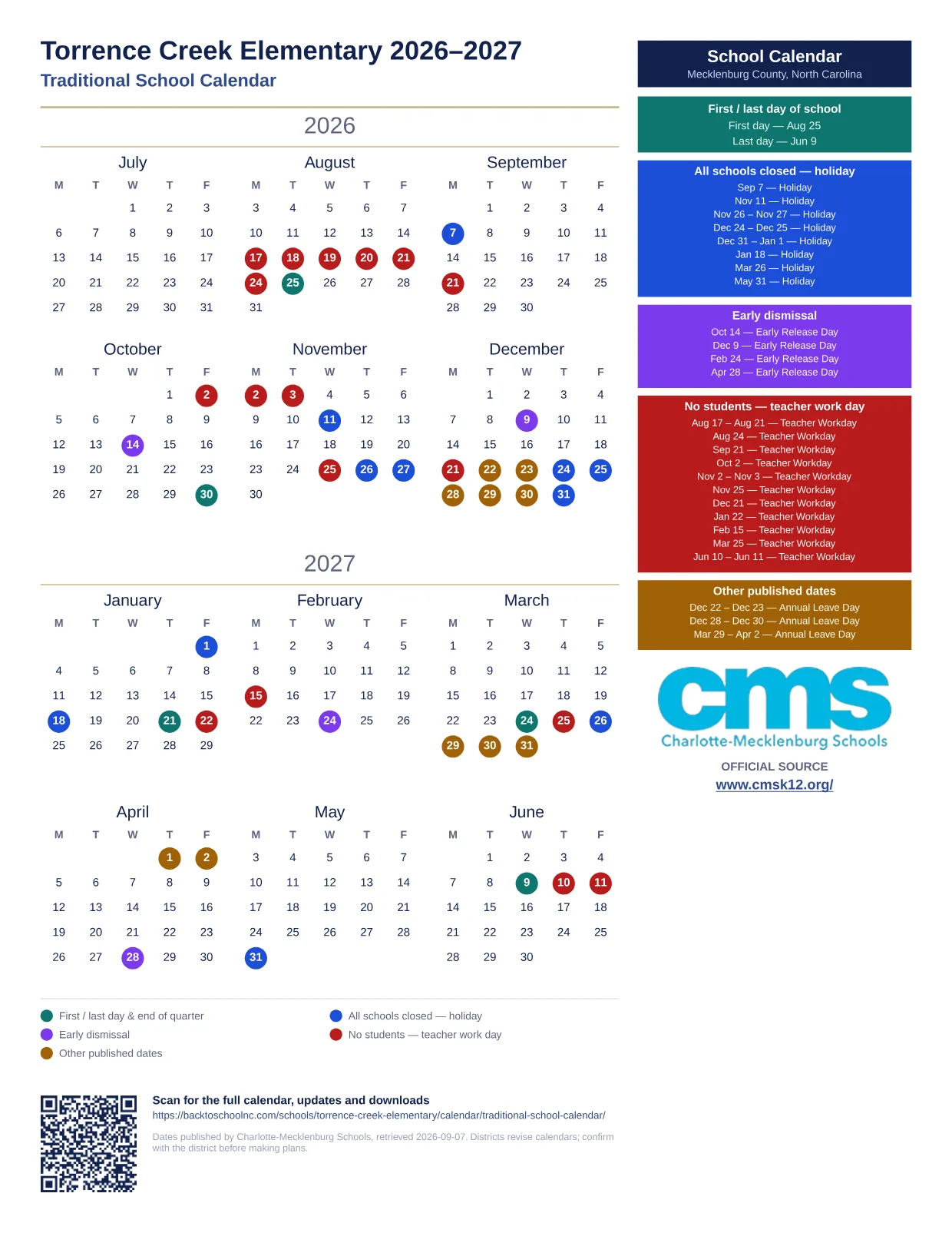Torrence Creek Elementary 2026–2027 printable calendar