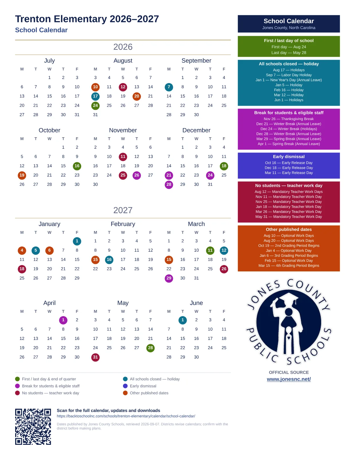 Trenton Elementary 2026–2027 printable calendar