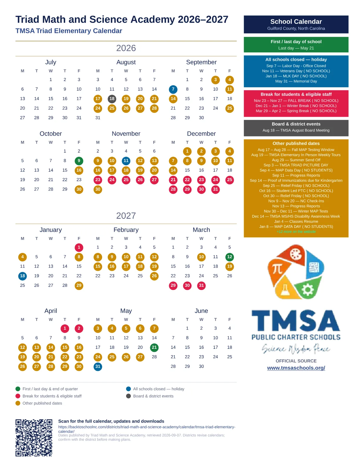 Triad Math and Science Academy TMSA Triad Elementary Calendar  printable calendar