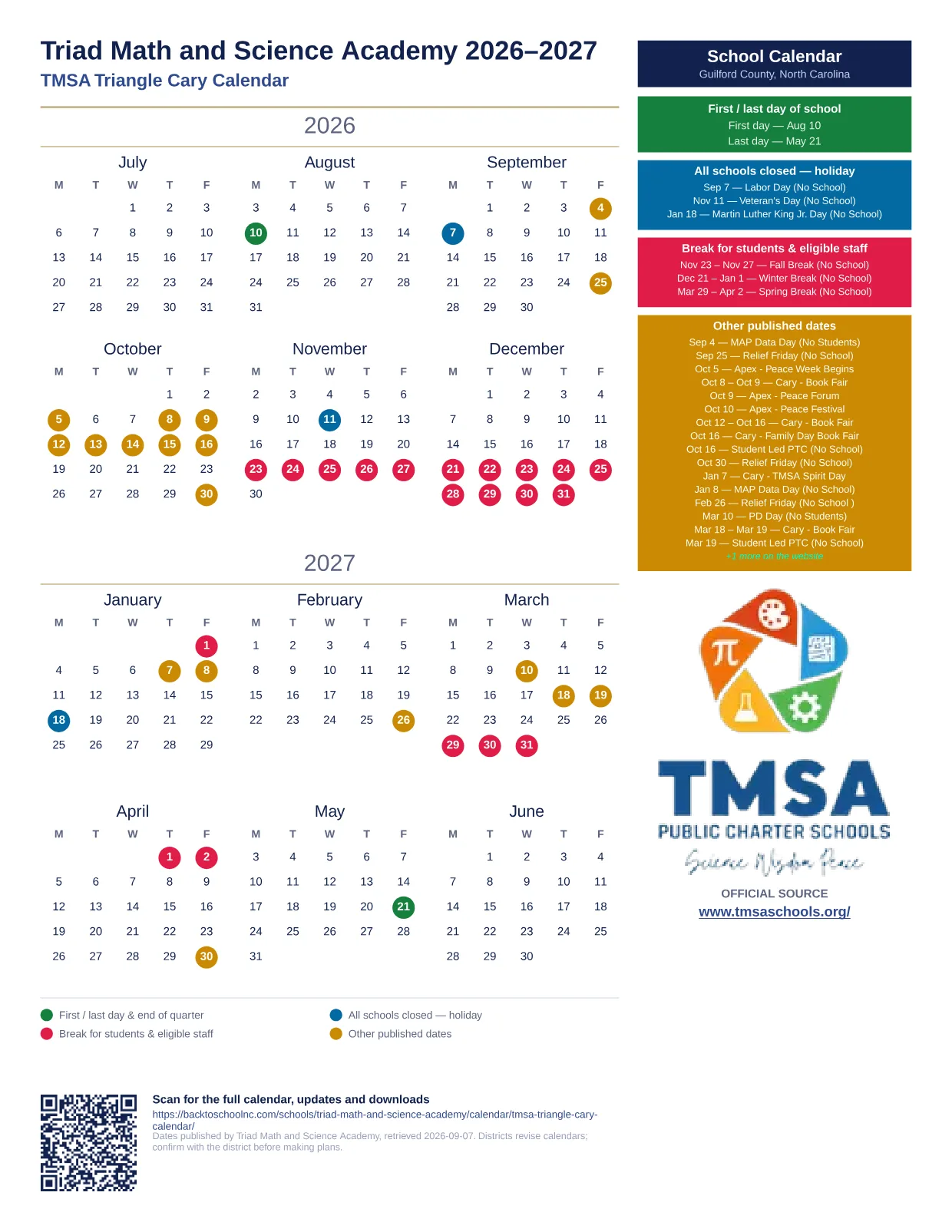Triad Math and Science Academy TMSA Triangle Cary Calendar 2026–2027 printable calendar